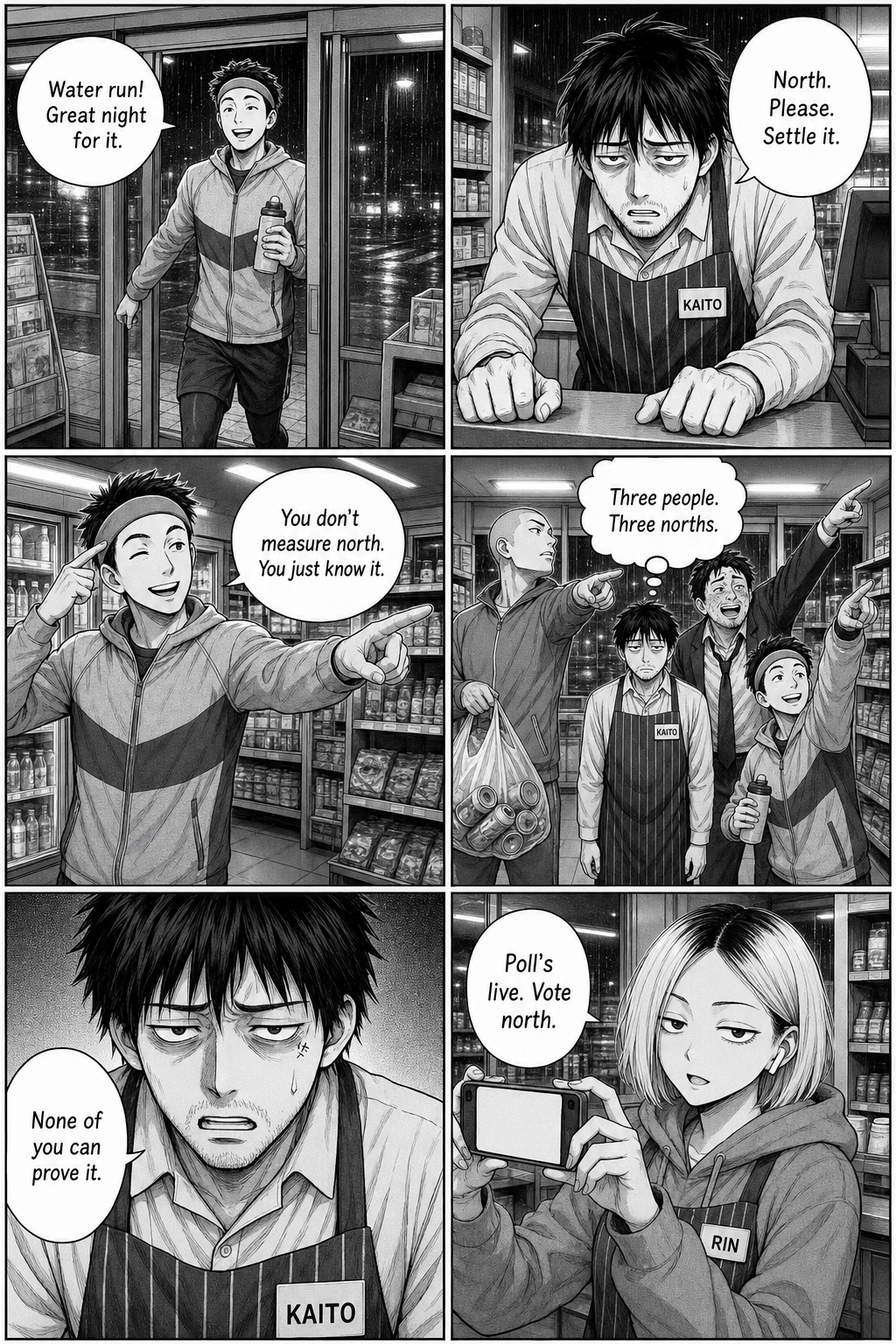 A cheerful jogger insists you 'just know' north; then the regular, salaryman and jogger all point three different ways around Kaito while Rin opens a viewer poll.