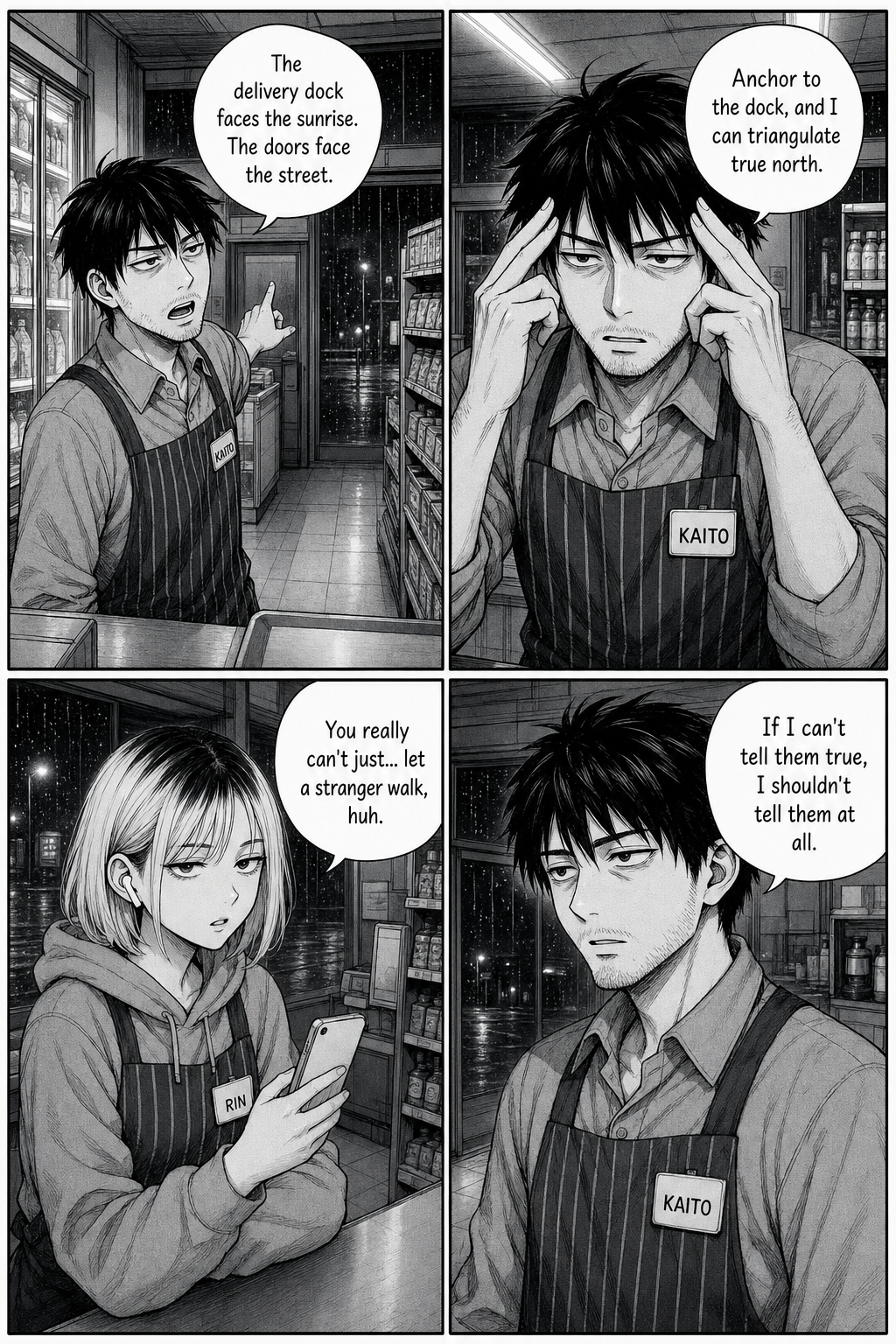 Kaito builds a theory to triangulate north from the delivery dock; Rin has a rare sincere moment; Kaito says if he can't tell them true he shouldn't tell them at all.