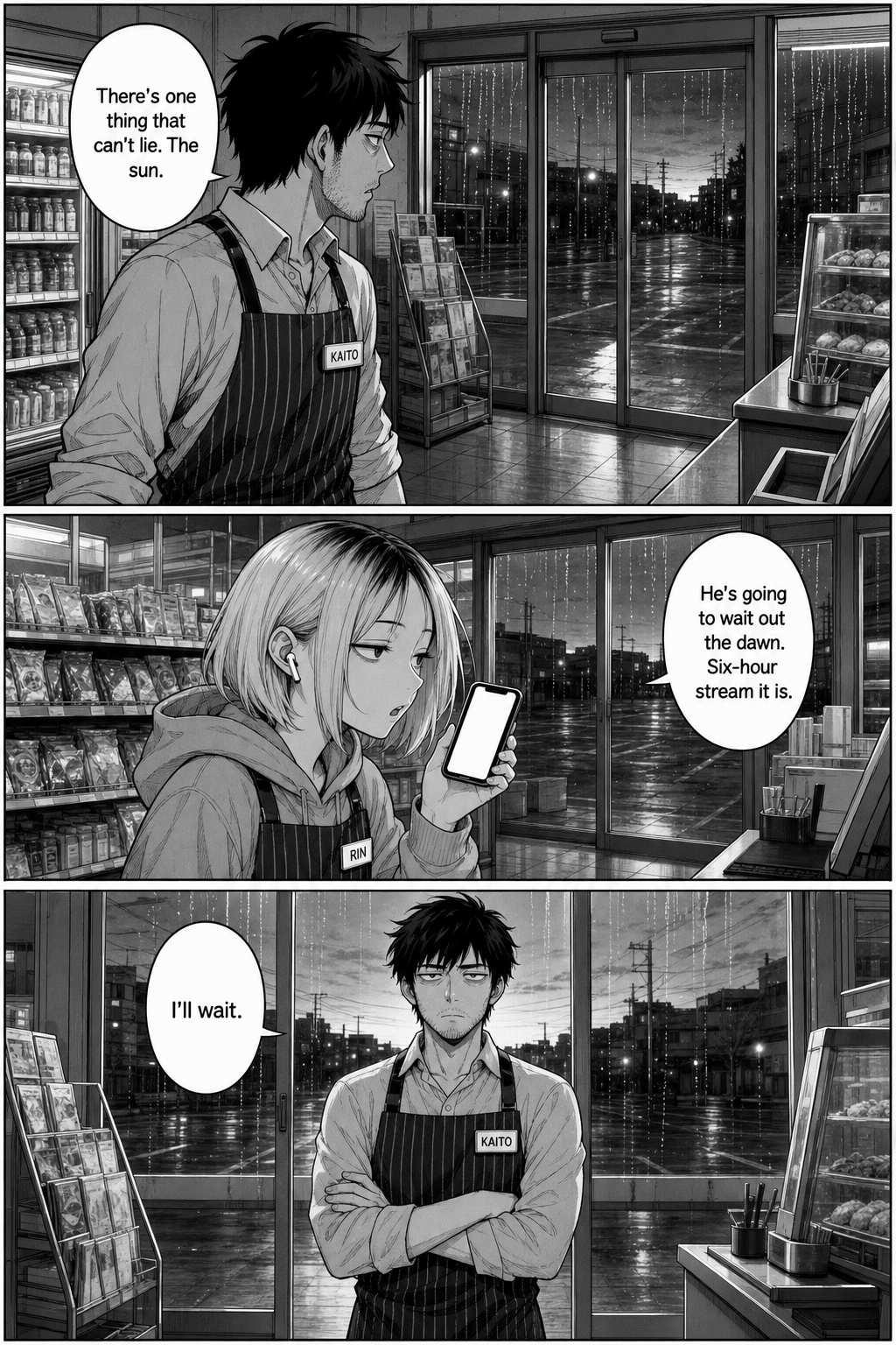 Kaito decides to wait for the sun and plants himself facing the doors with arms folded; Rin resumes filming her six-hour stream.