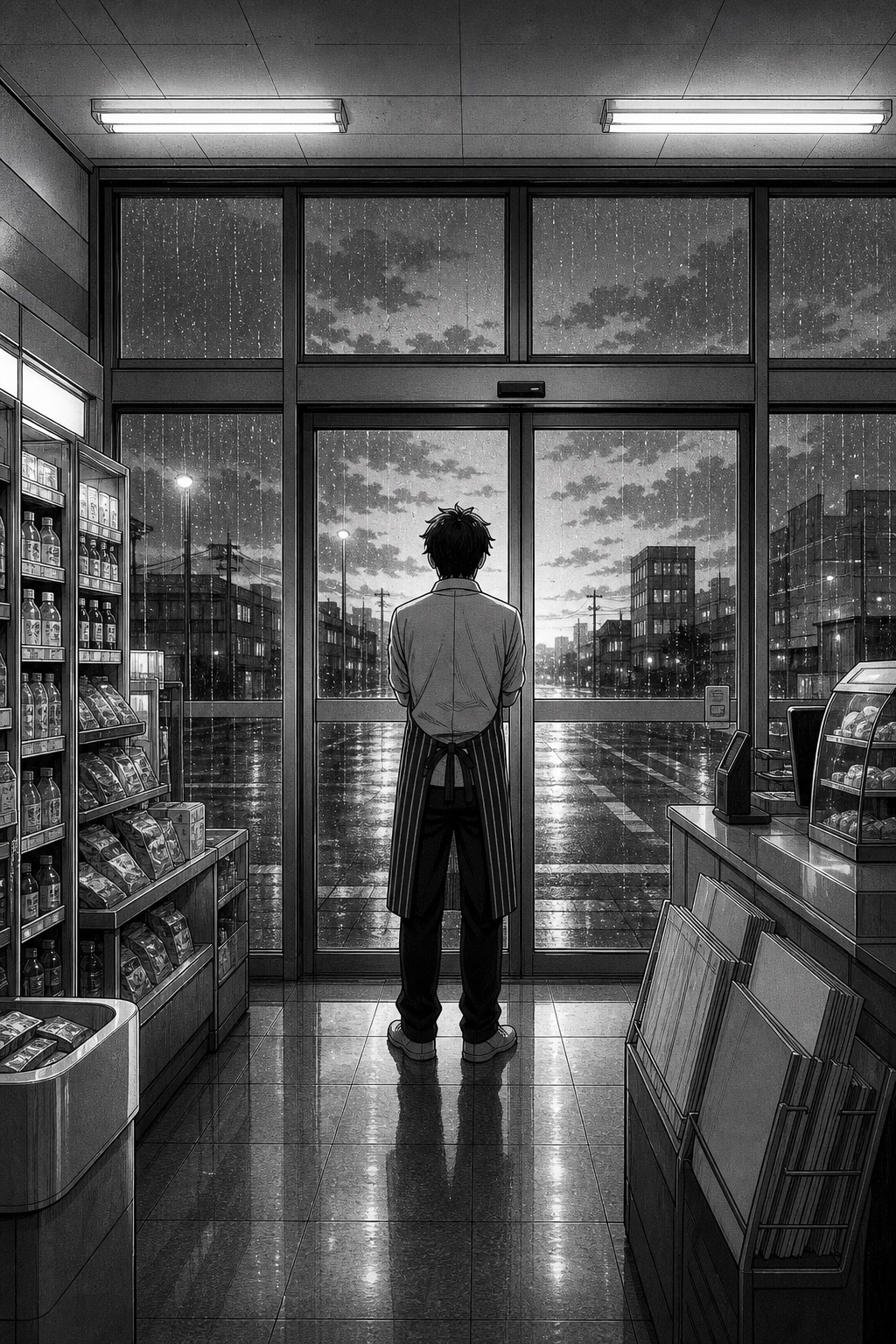 A silent wide shot from behind of Kaito standing before the sliding doors as the sky begins to gray toward dawn.