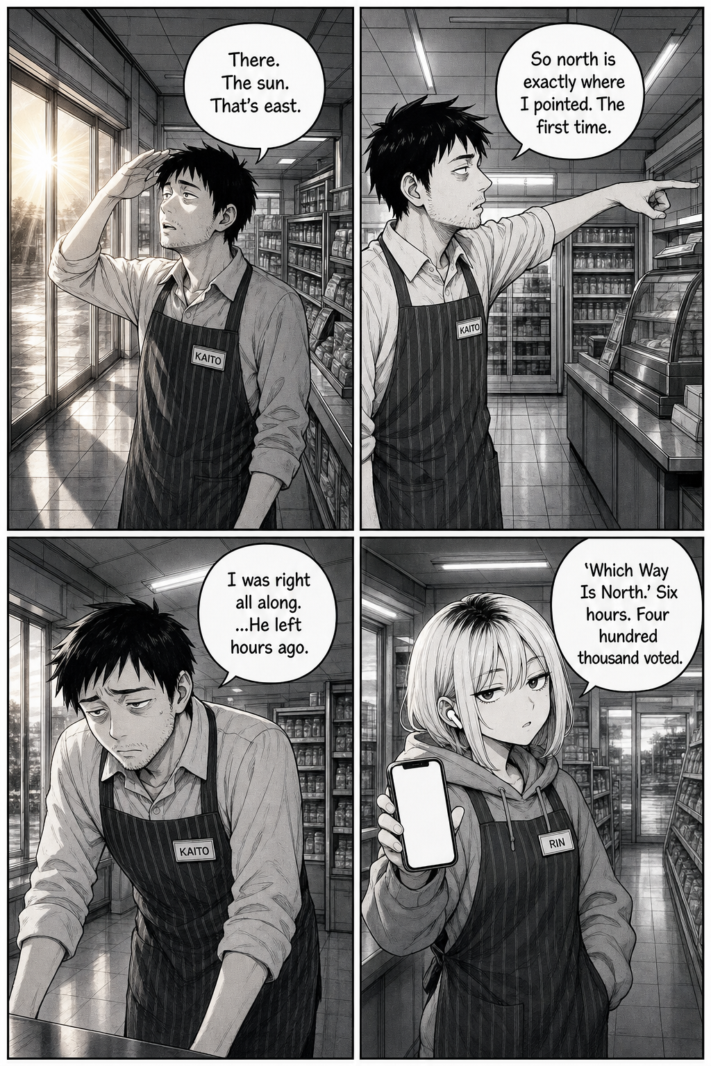 The sun rises through the doors; Kaito realizes north was exactly where he first pointed, but the man left hours ago; Rin's stream got four hundred thousand votes.