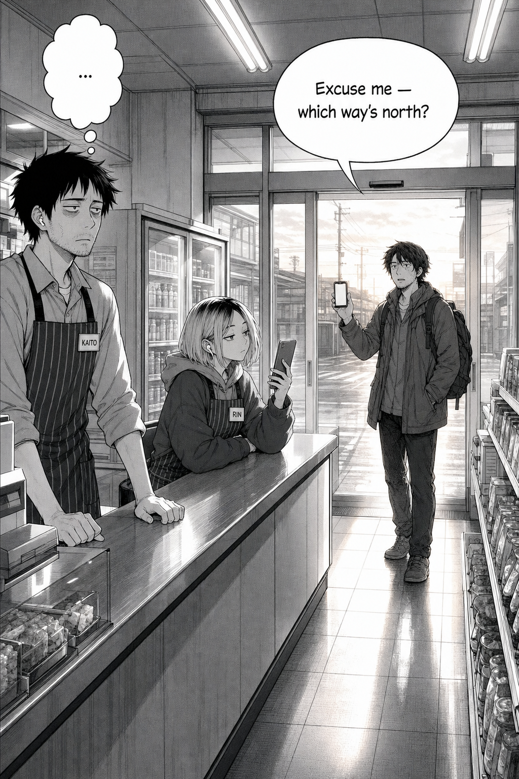 Dawn view mirroring the opening: the spotless store, Rin already filming, and a new lost traveler entering to ask the way as Kaito can only think '...'.