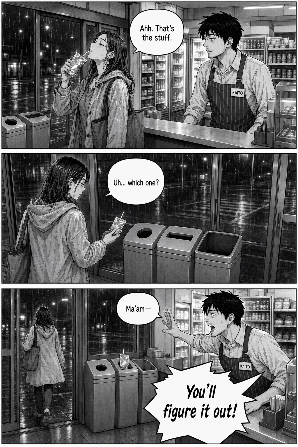 A young woman finishes her drink pouch, hesitates in front of the three bins, then leaves it on a lid and walks out into the rain as Kaito calls after her.