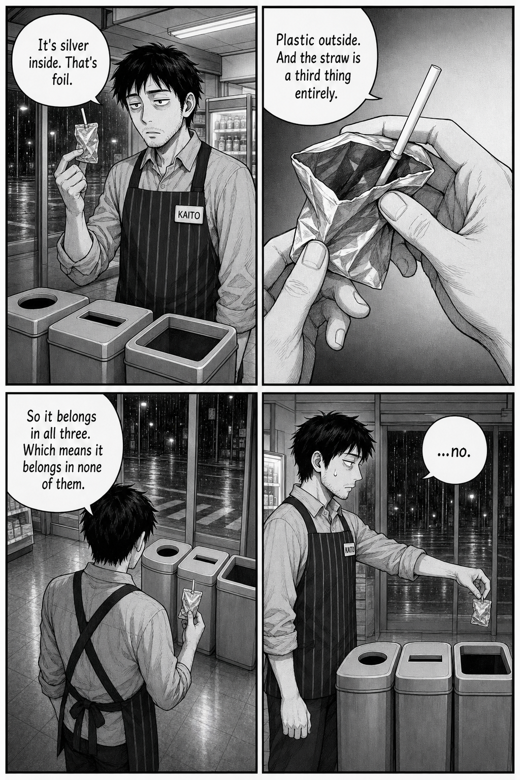 Kaito examines the abandoned pouch — foil inside, plastic outside, a straw — then freezes with his arm extended over a bin, unable to drop it.