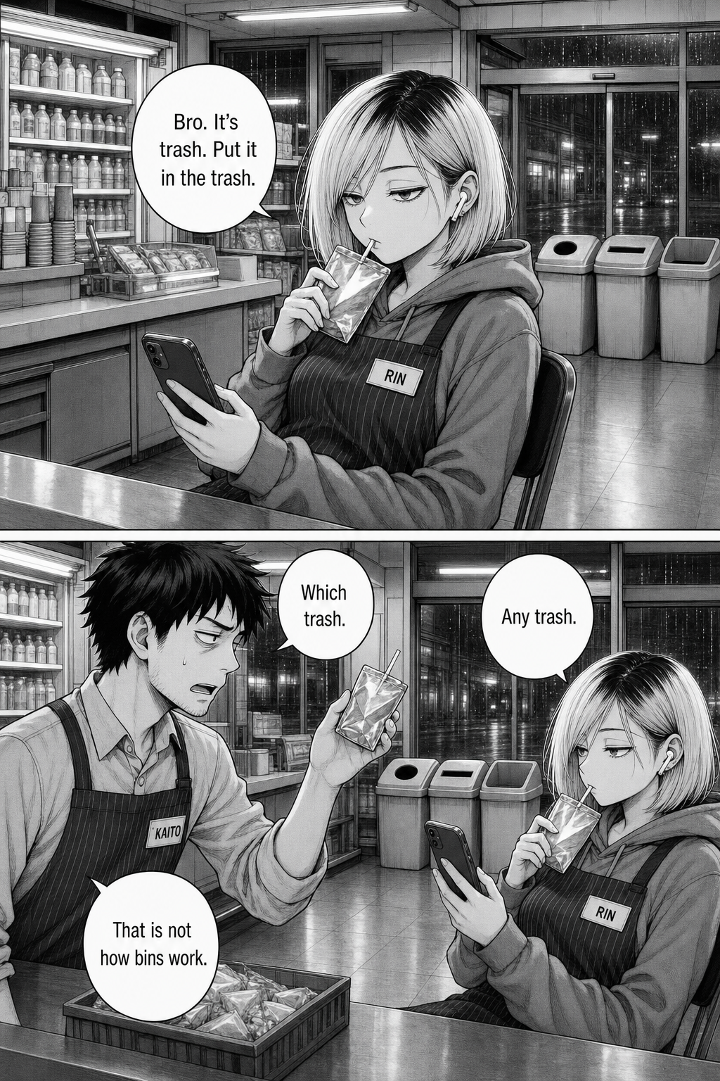 Rin, sipping an identical pouch of her own, tells Kaito to just bin it; he demands to know which bin.