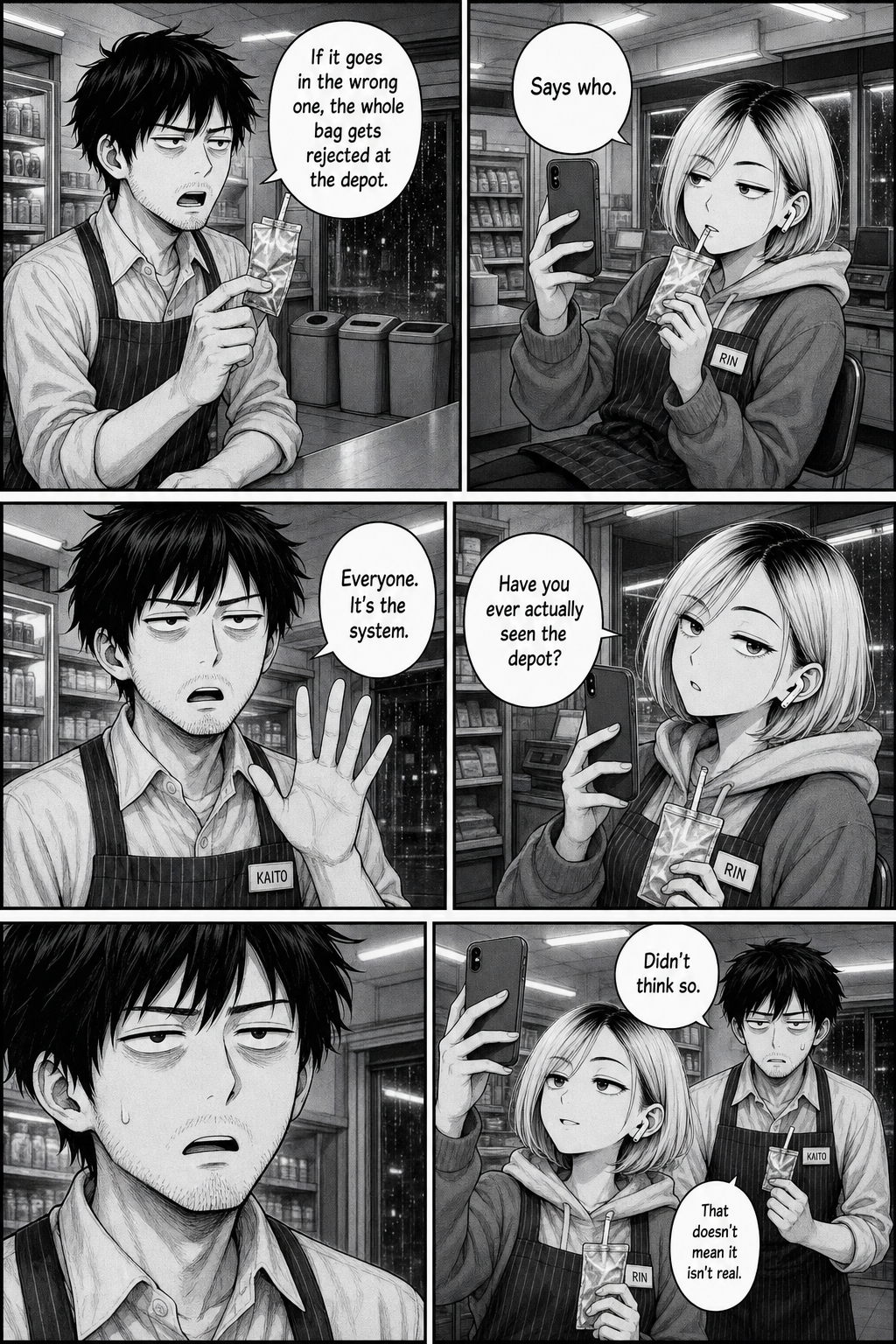 Kaito insists the sorting system is real; Rin asks whether he has ever actually seen the depot, and he has no answer.