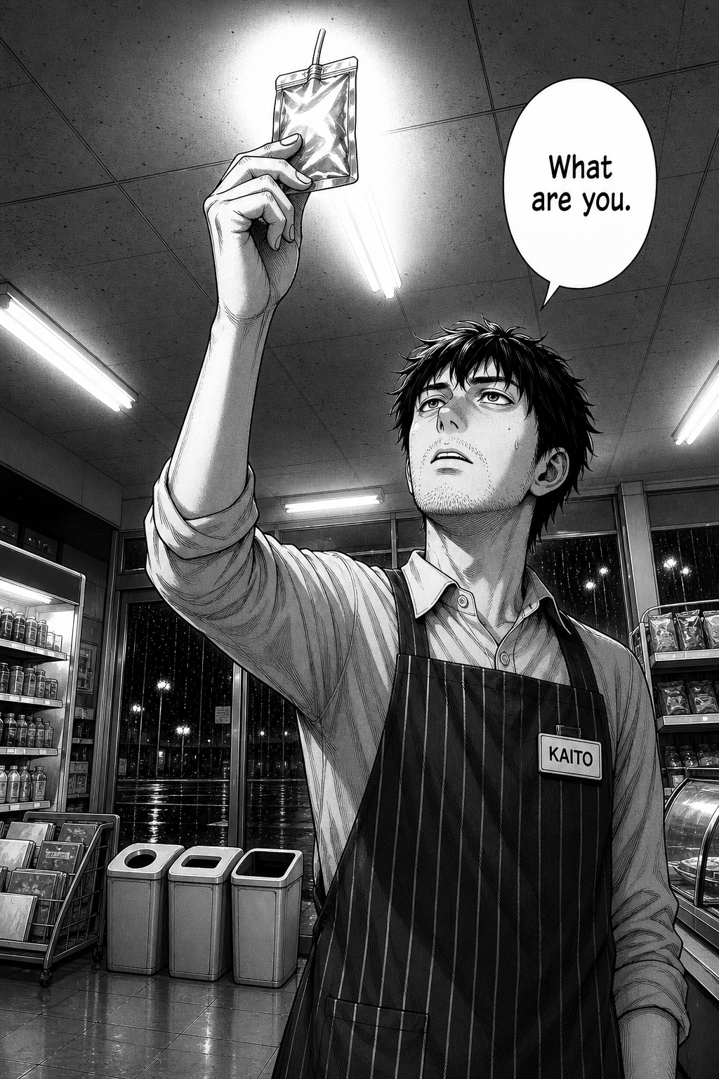 Splash page: Kaito holds the small silver pouch up into the fluorescent ceiling light and asks it what it is.