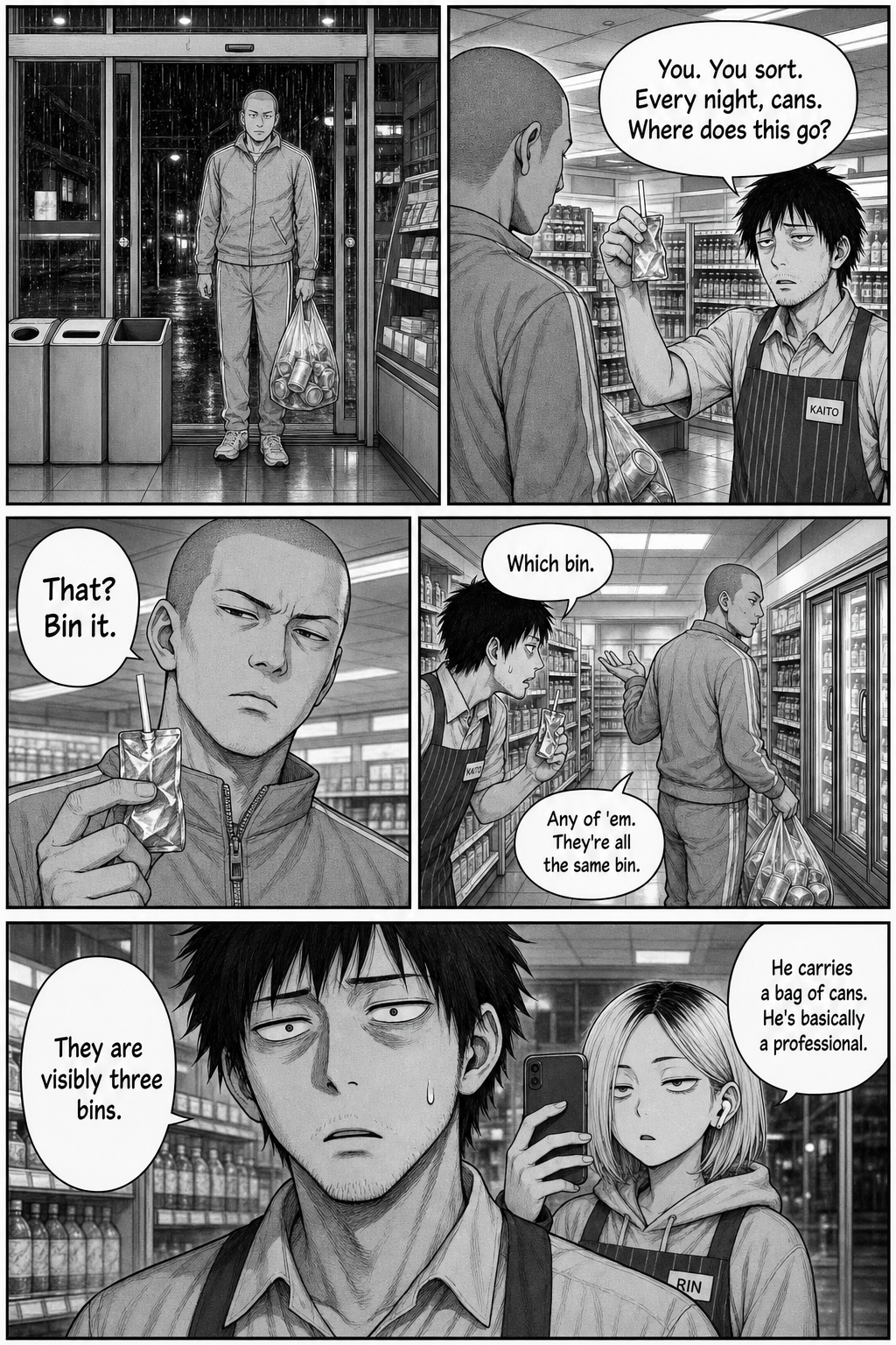 The tracksuit regular arrives with his bag of cans and tells Kaito any bin will do because they are all the same bin.