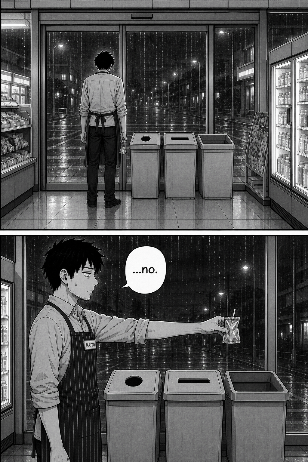 Kaito stands alone before the three bins in the rain-dark store, then freezes again with the pouch held out over one of them.