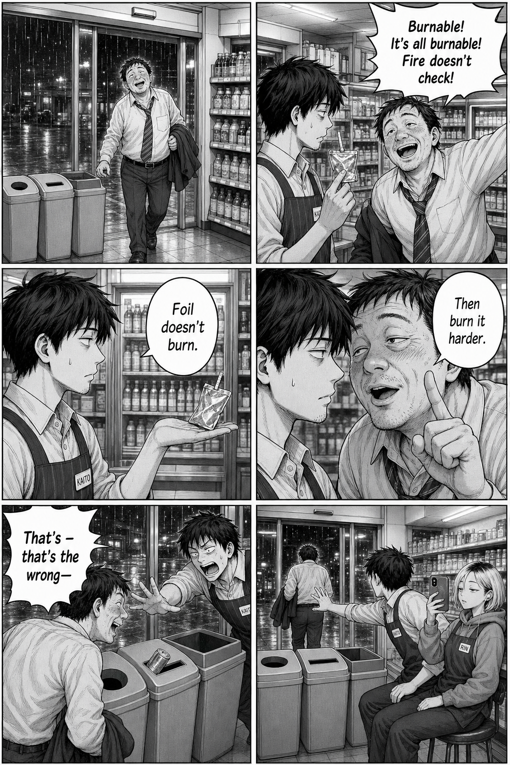 A drunk salaryman insists everything is burnable, tells Kaito to burn it harder, and jams a can into the wrong bin on his way out.