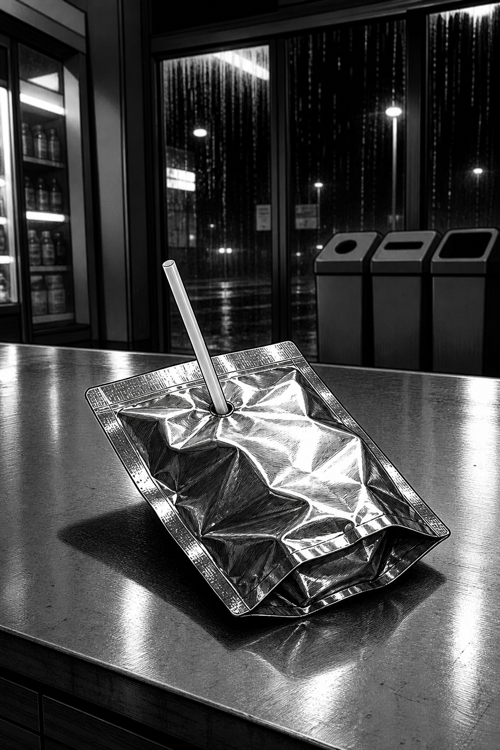Silent splash: the crushed silver pouch with its straw lies alone on the empty counter under harsh light, rendered huge.