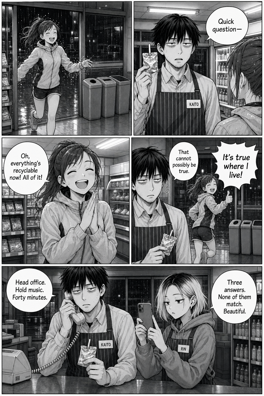 A cheerful jogger insists everything is recyclable now; Kaito ends up on hold to head office for forty minutes with three contradictory answers.