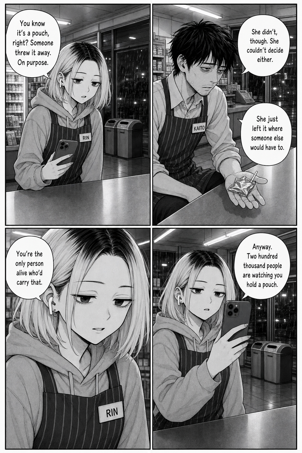 Rin lowers her phone for the first time all night; Kaito explains the customer could not decide either, and Rin almost says something kind before going back to filming.