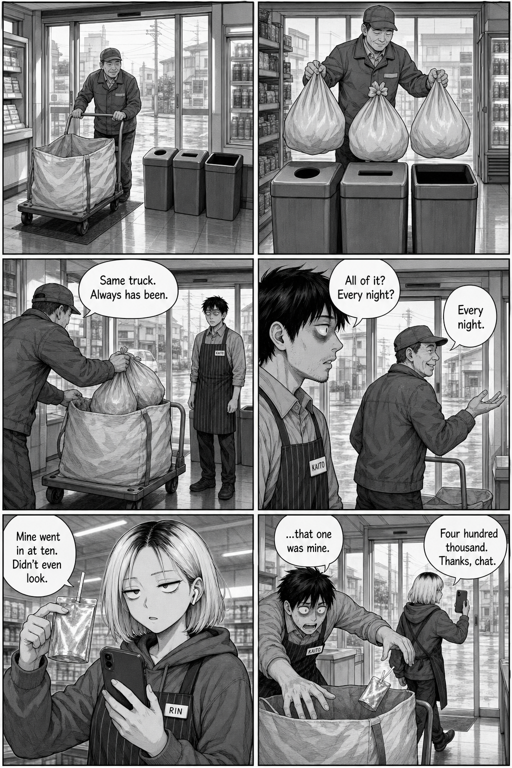 The morning driver empties all three bins into one sack — same truck, always has been — and Rin reveals she binned her identical pouch at ten without looking.