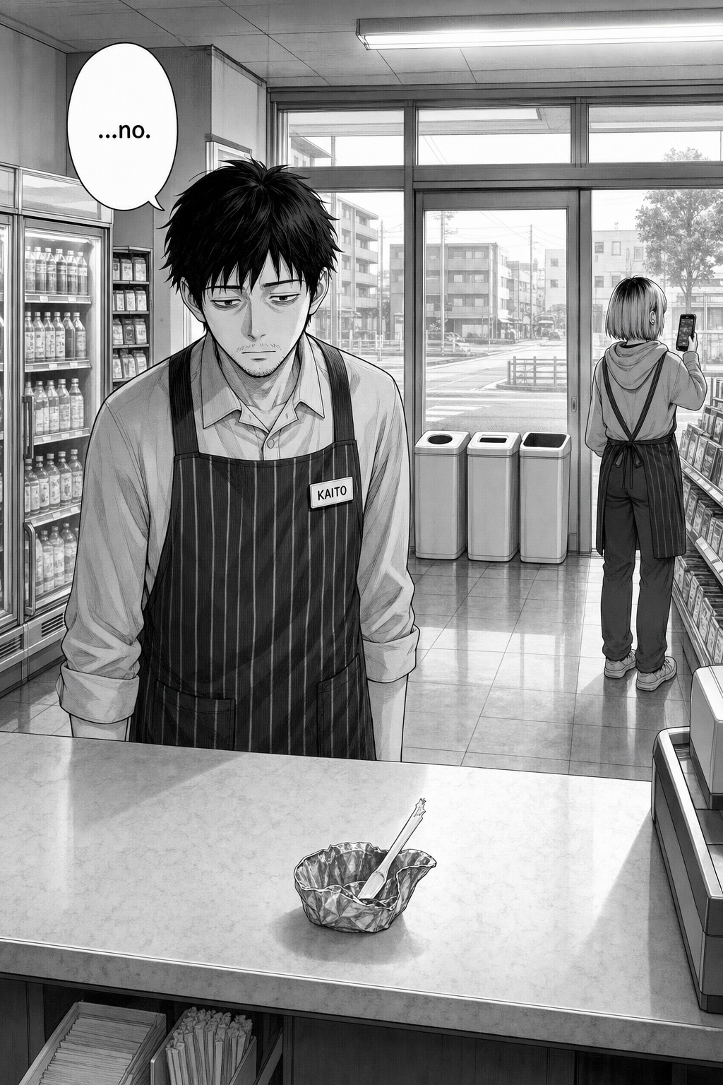 Morning daylight, the same camera angle as page one: the three bins empty, Rin leaving with her phone raised, and a plastic spoon jammed into a foil cup waiting on the counter.