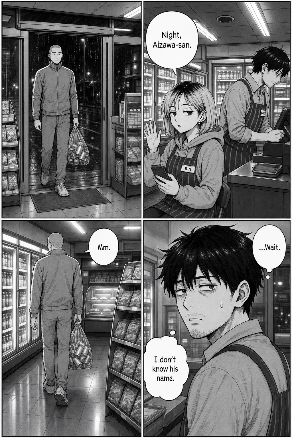 The tall shaved-head tracksuit regular enters with his bag of cans; Rin waves and greets him by name while Kaito, turned away counting the register, freezes as he realizes he doesn't know the man's name.