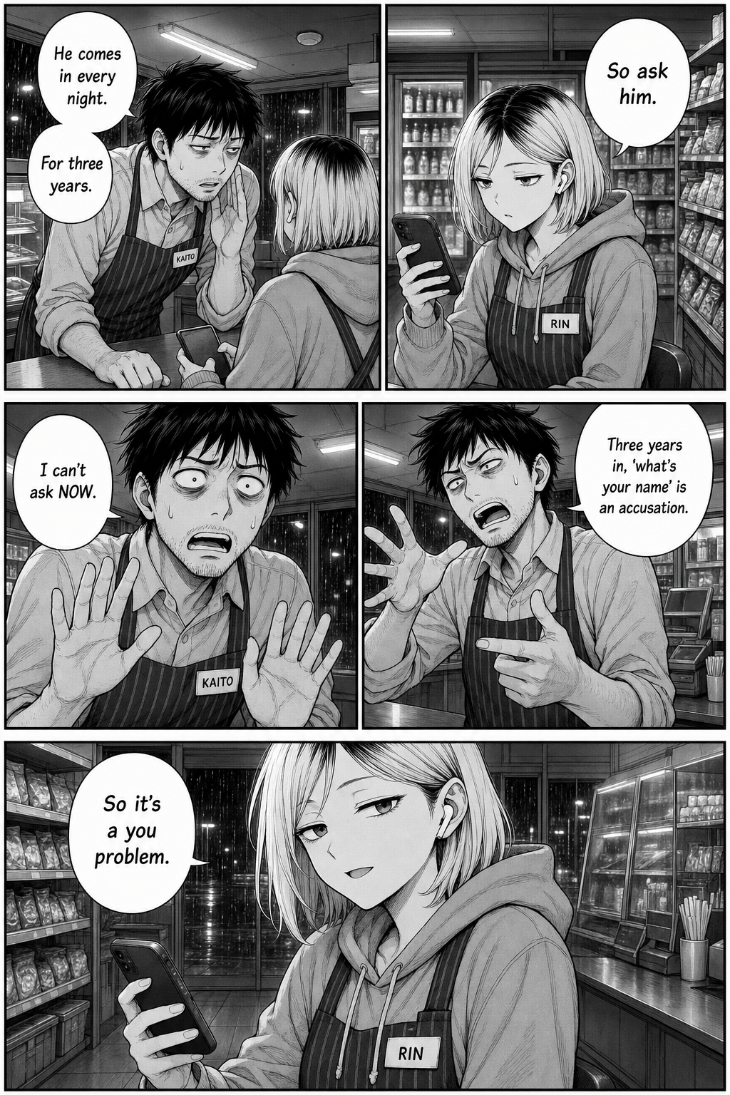 Kaito, panicking in hushed whispers, tells Rin the man has come in every night for three years; Rin flatly tells him to just ask, and calls it a 'you problem.'