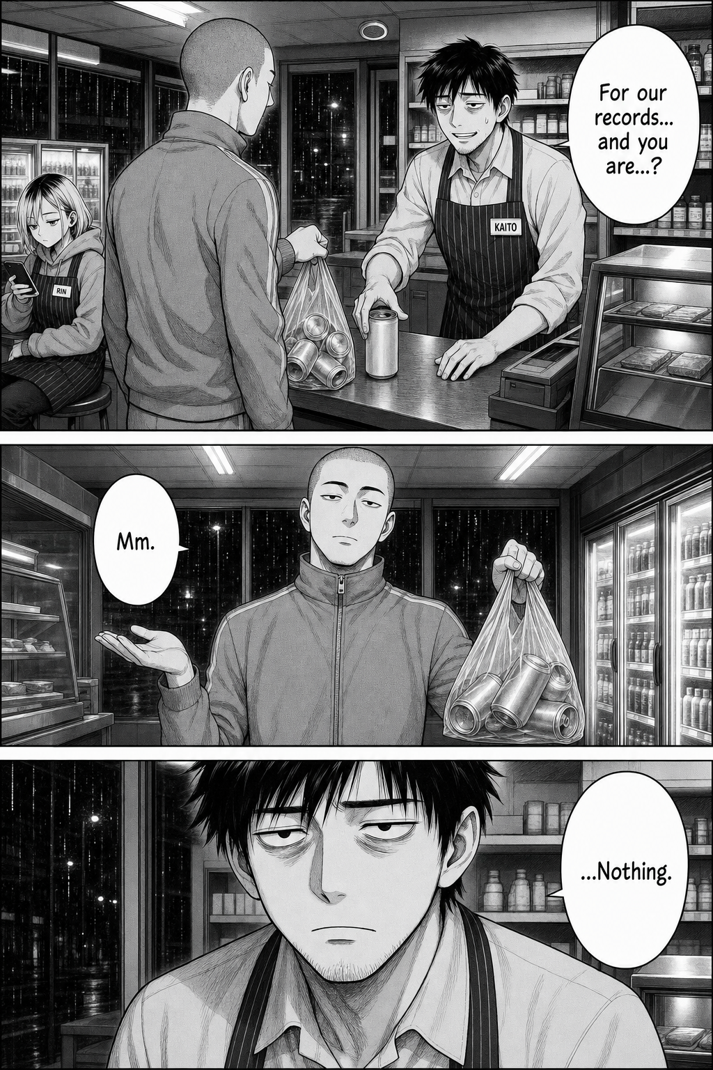 At the register Kaito fishes for the name 'for our records'; the tracksuit regular just shrugs and lifts his bag of cans in silence, and Kaito deflates.