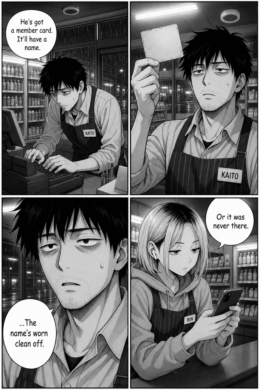Kaito checks the member records and holds up a worn, blank membership card to the light; the name has worn off. Rin suggests it was never there.