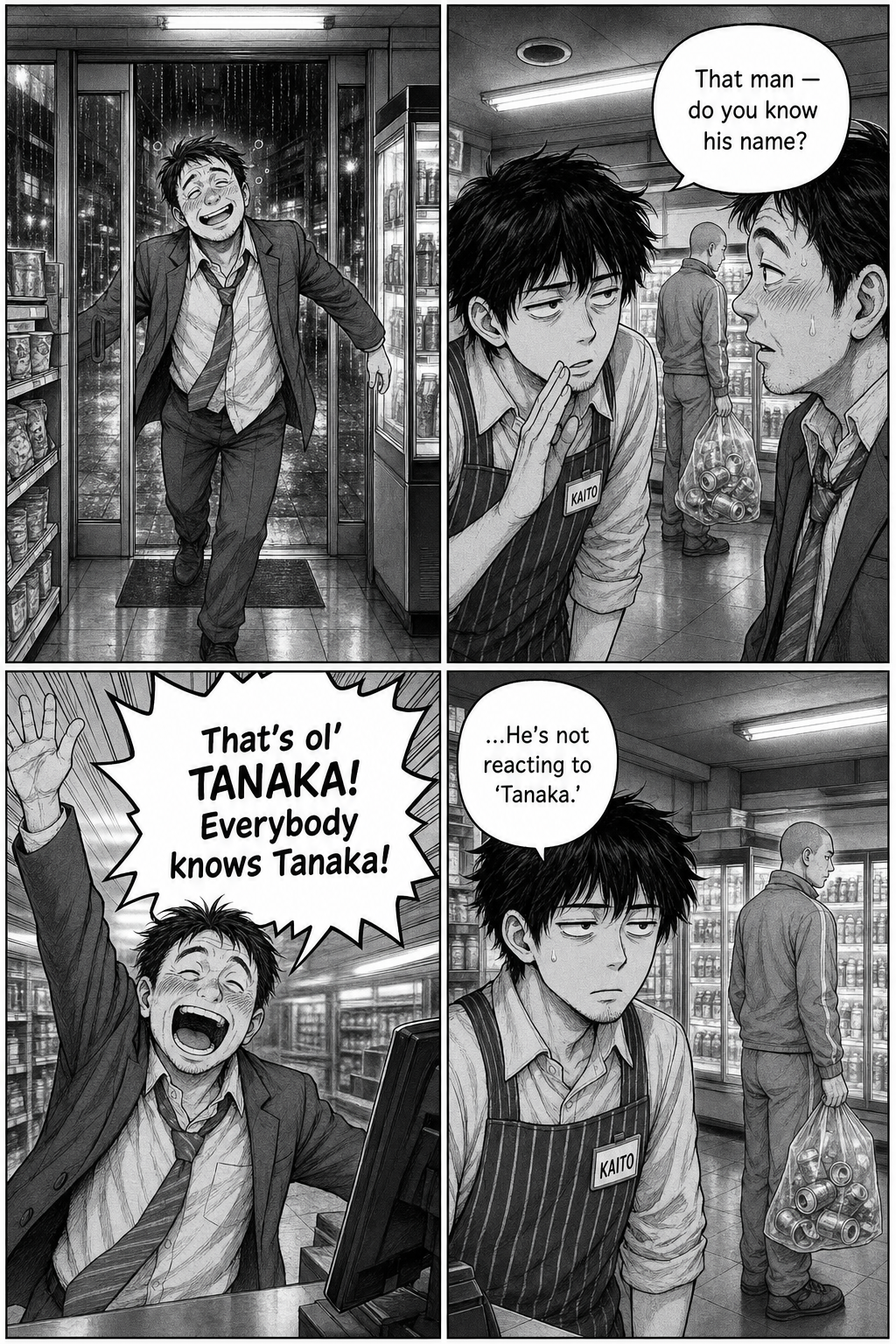 A drunk salaryman staggers in; asked about the regular, he loudly insists the man is 'Tanaka.' Kaito notes the regular doesn't react to the name.