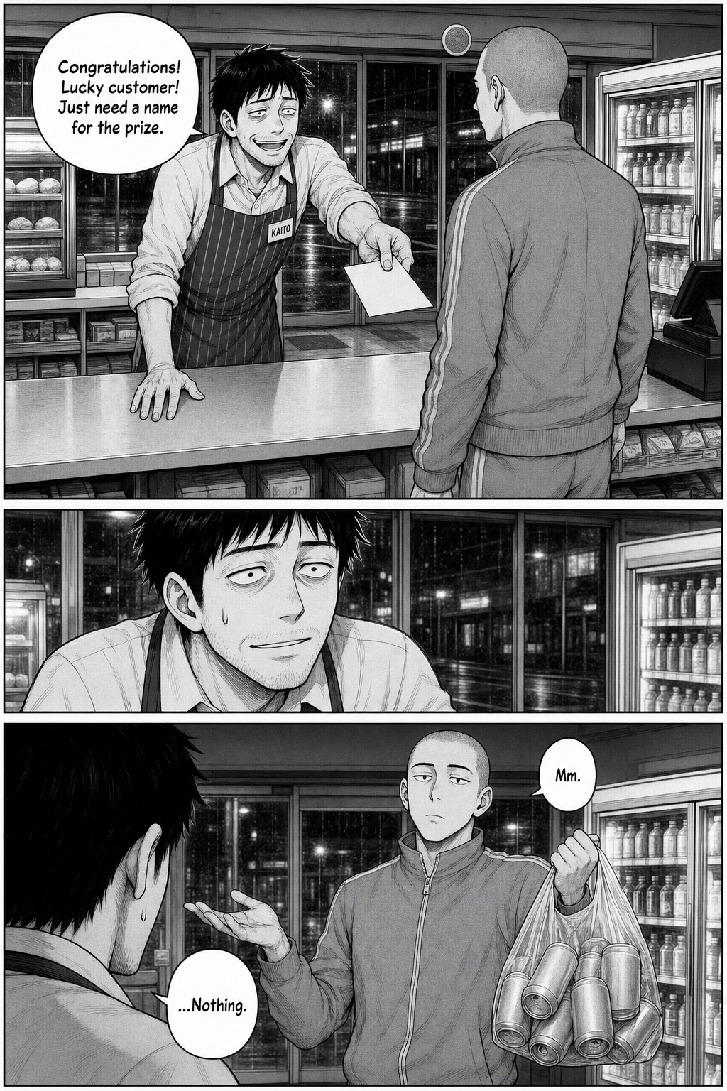 Kaito stages a fake 'lucky customer' prize to get the name, holding out a blank slip; the tracksuit regular only shrugs and lifts his cans again, and Kaito deflates.