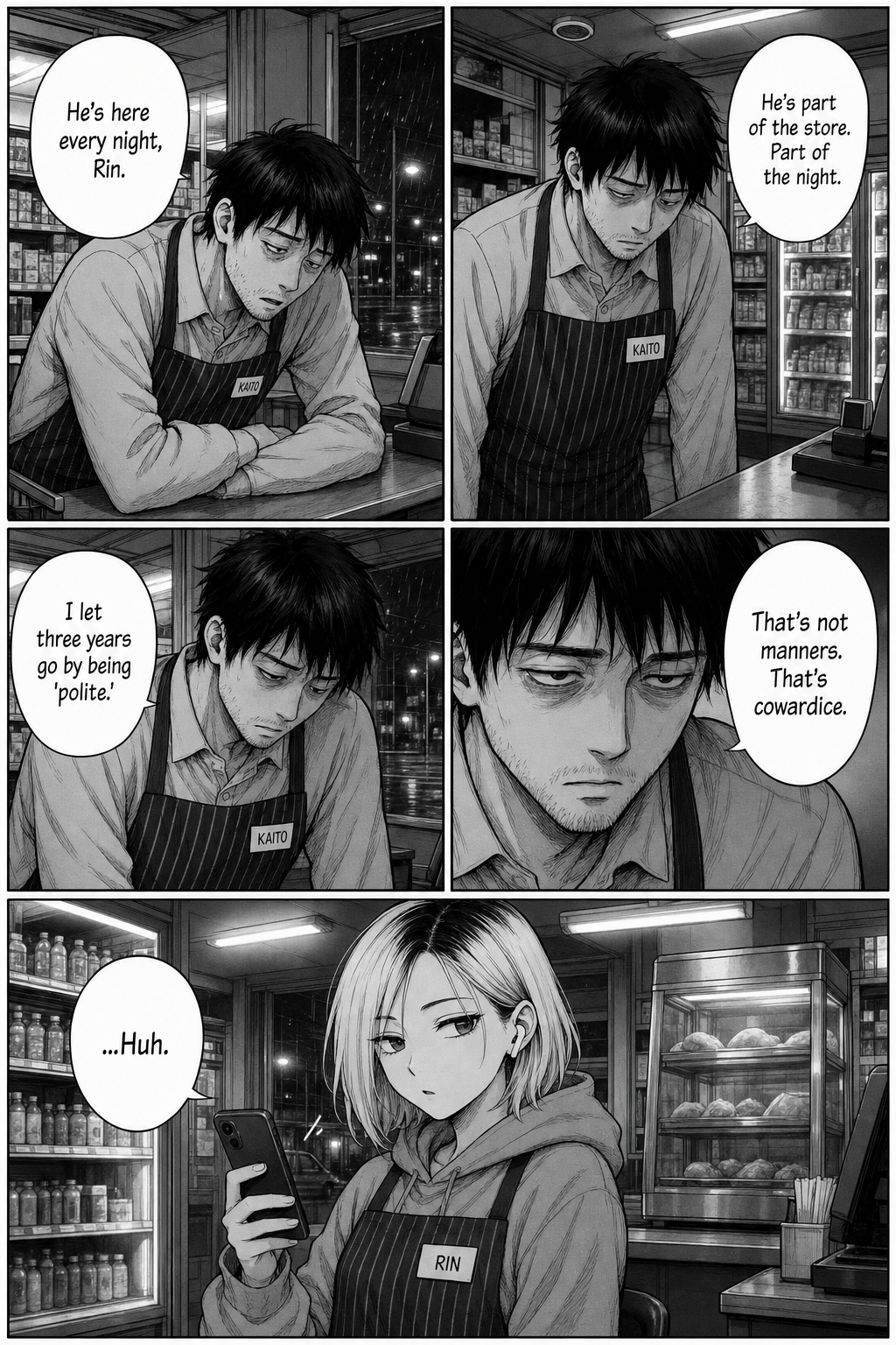 Kaito quietly confesses to Rin that the man is part of the store and that three years of politeness was really cowardice; Rin lowers her phone with a quiet 'Huh.'