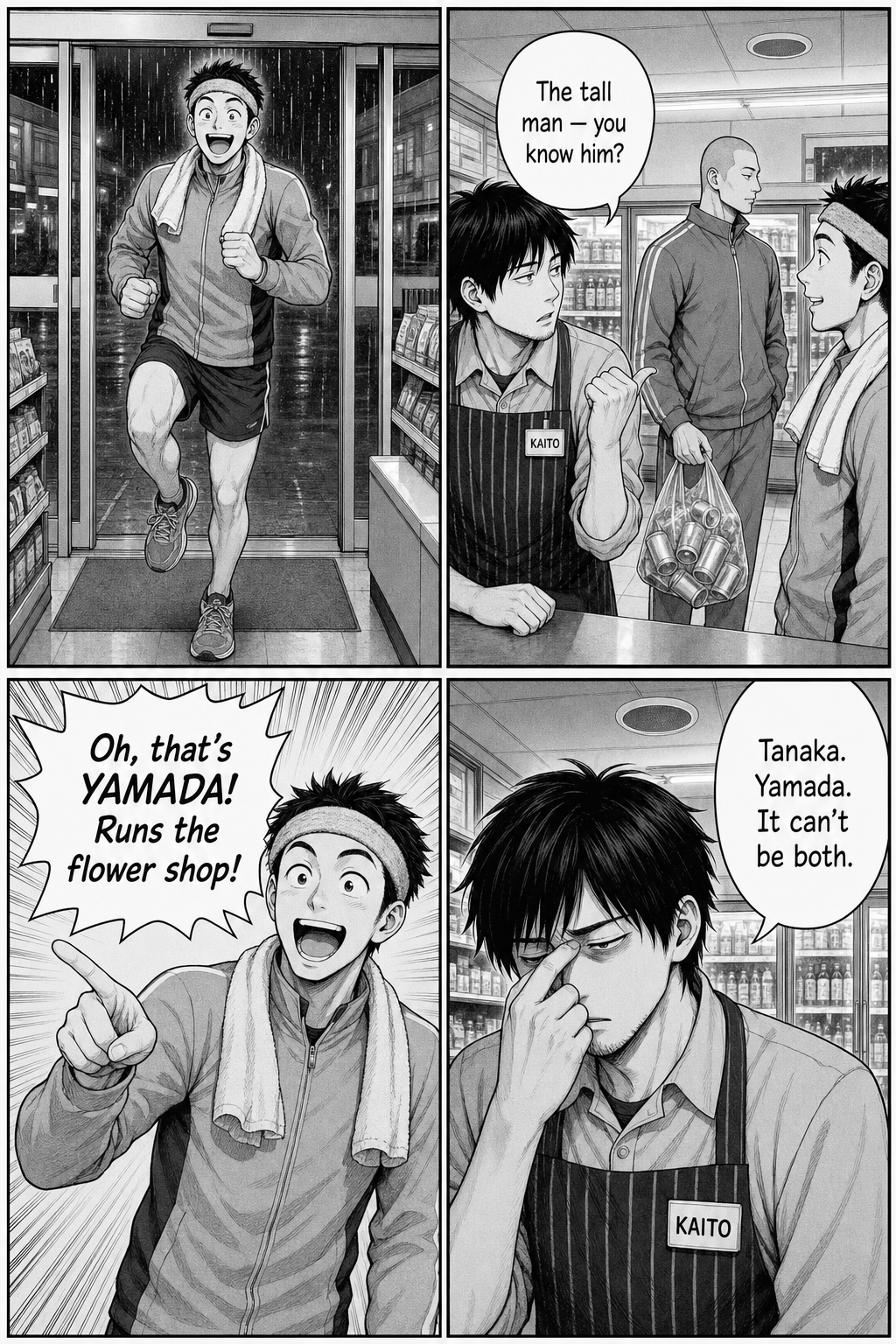 A cheerful jogger bounces in and confidently claims the regular is 'Yamada, runs the flower shop'; Kaito realizes the two names he's been given can't both be true.