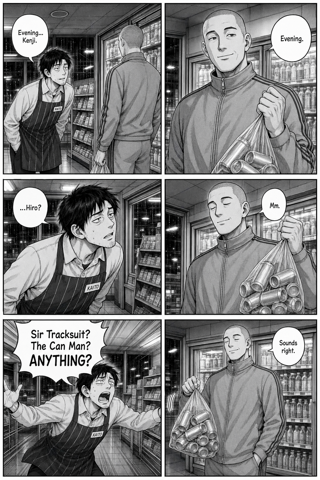 Kaito floats deliberately wrong names — Kenji, Hiro, 'Sir Tracksuit, the Can Man' — hoping to be corrected; the regular amiably agrees with every one of them.