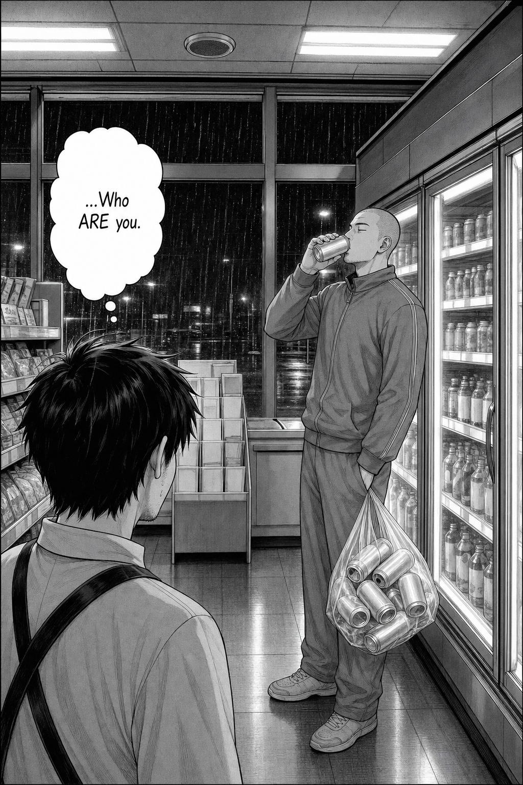 A large quiet panel: the tracksuit regular stands calm and unknowable by the glowing cooler, sipping a can, rain behind him, while a small defeated Kaito stares from the foreground.