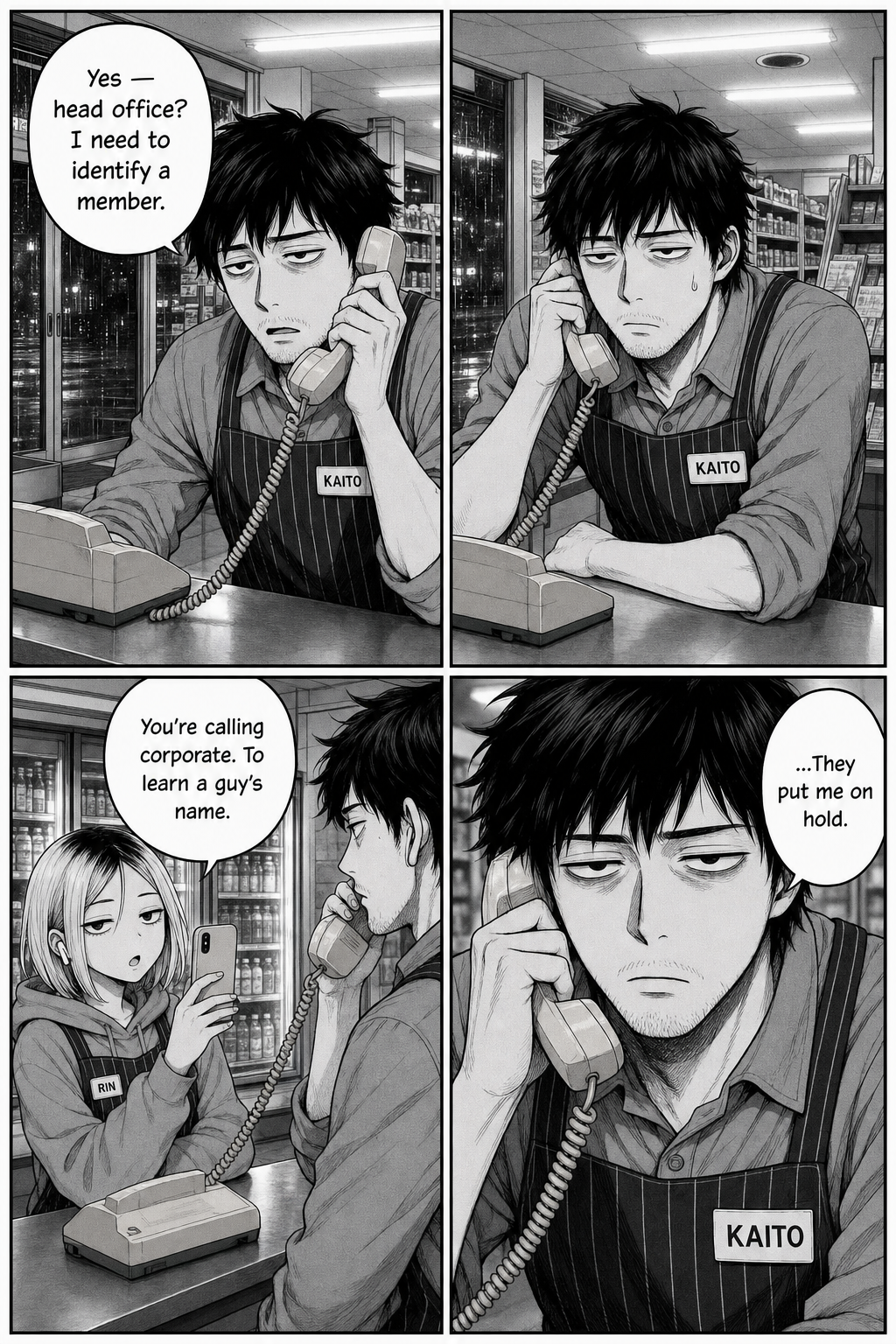 Kaito phones head office to identify the member and is put on hold; Rin films, deadpanning that he's calling corporate just to learn a guy's name.