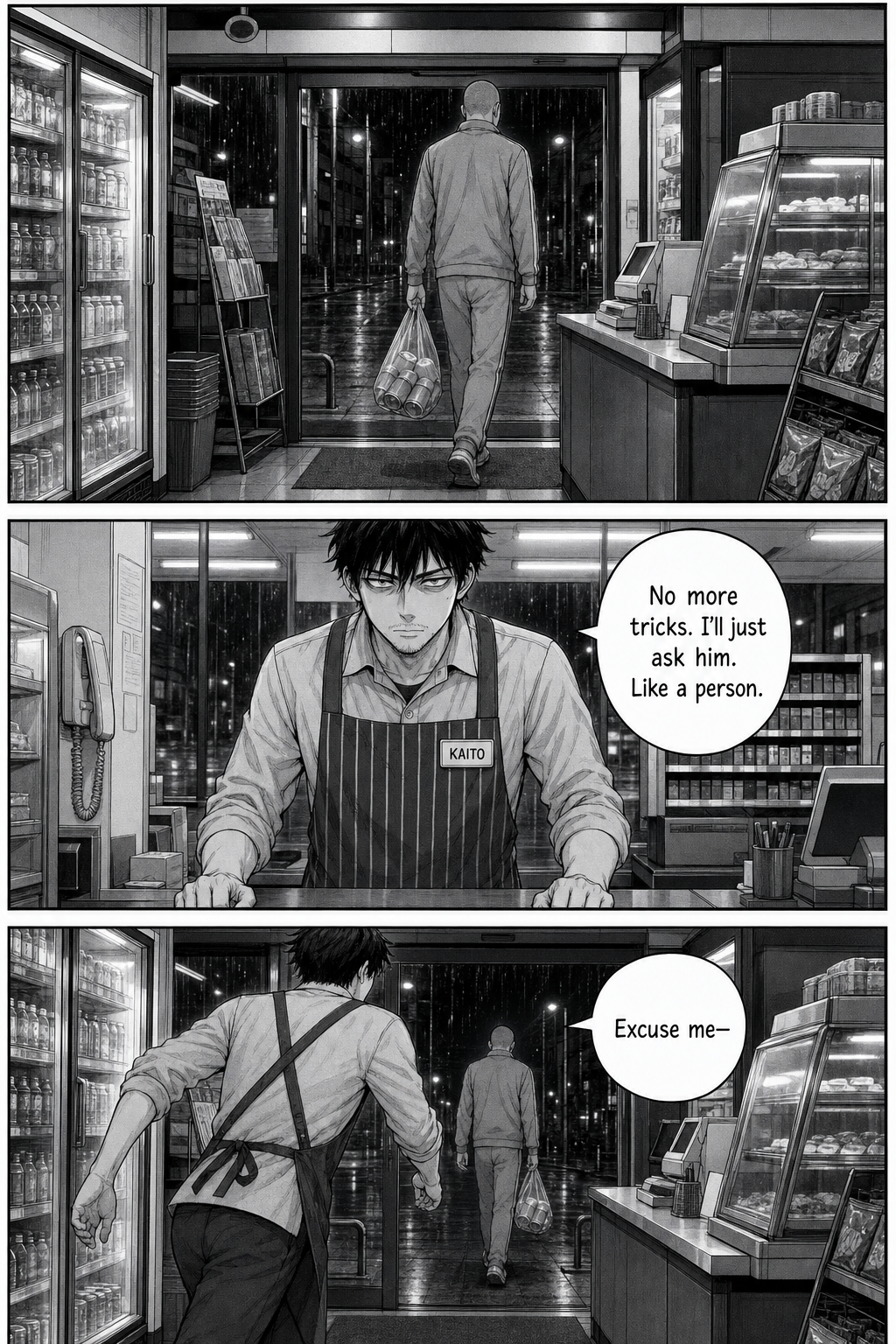 As the regular heads for the doors, Kaito steadies himself, resolves to drop the tricks and simply ask like a person, and steps out from behind the counter after him.