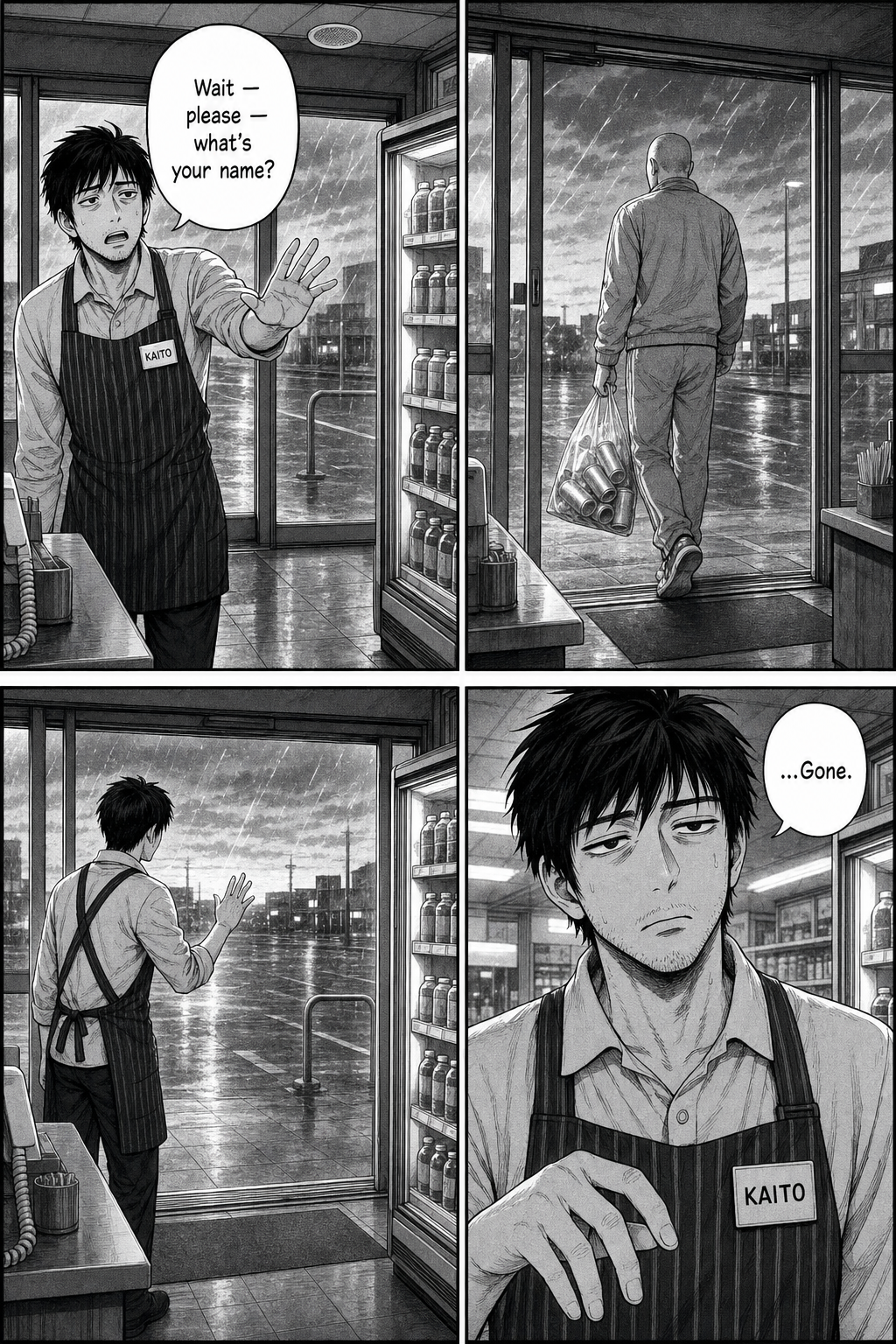 Kaito finally asks the man's name openly, but the doors slide open onto dawn and the regular walks out without hearing; Kaito is left alone in the empty doorway. '...Gone.'
