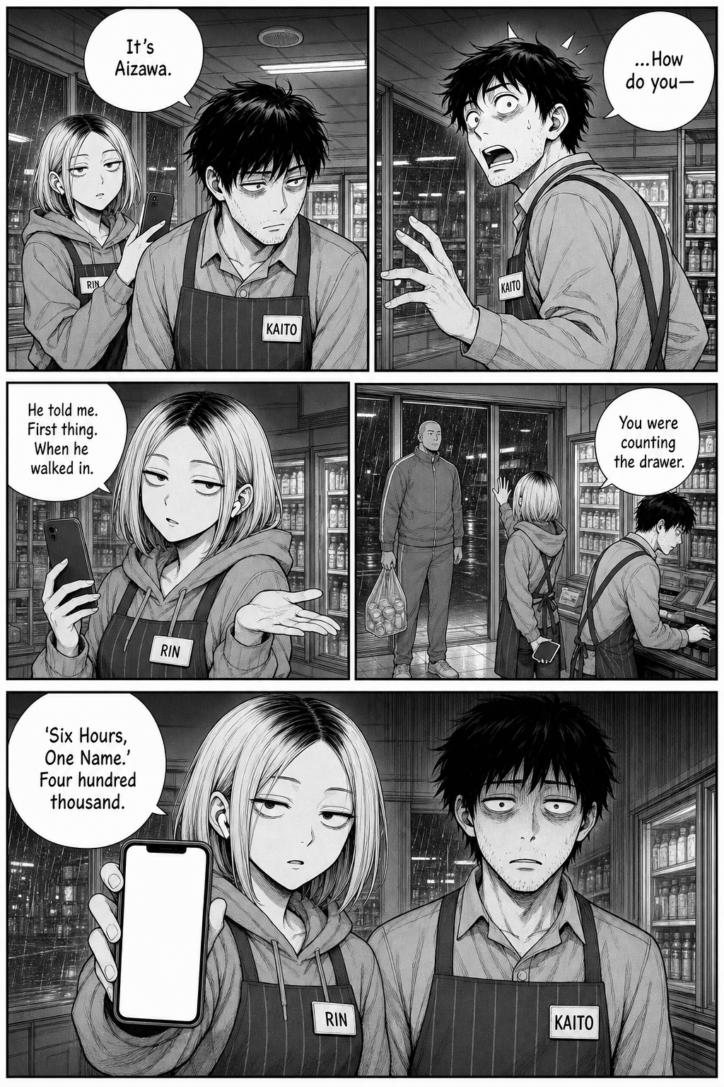 Rin reveals the name is Aizawa — the man told her the moment he walked in, while Kaito was counting the drawer — and holds up her phone: 'Six Hours, One Name. Four hundred thousand.'