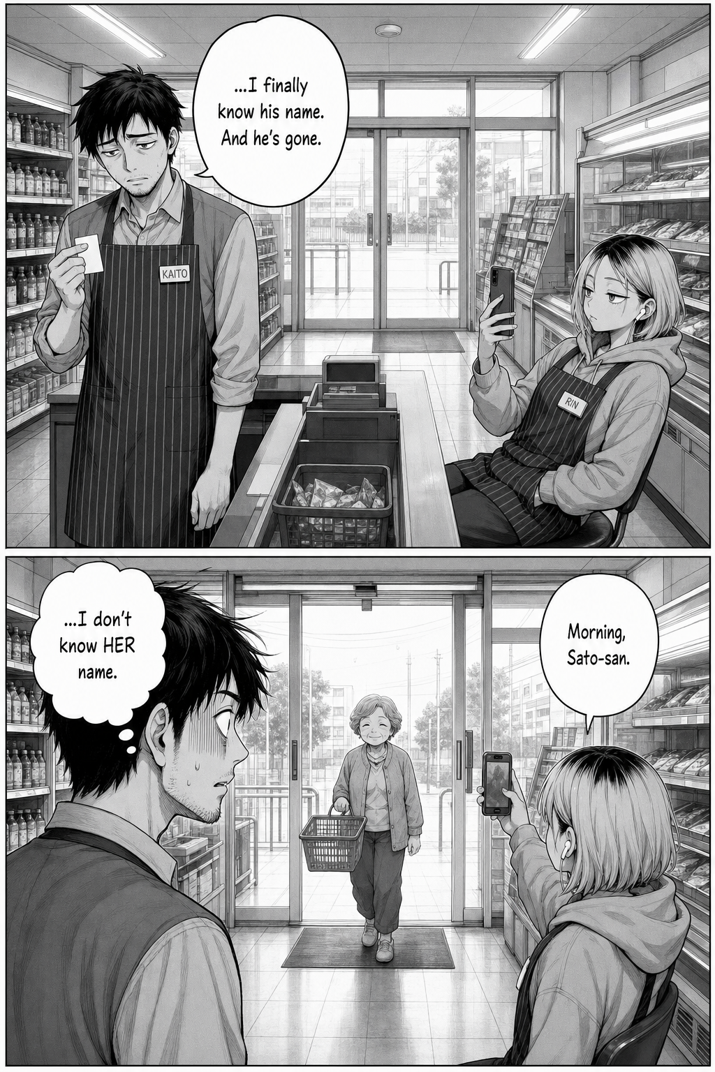 Morning daylight fills the emptied store, mirroring the opening. Kaito, holding the name too late, freezes as a new customer enters — and Rin, phone already up, greets her by name: 'Morning, Sato-san.'