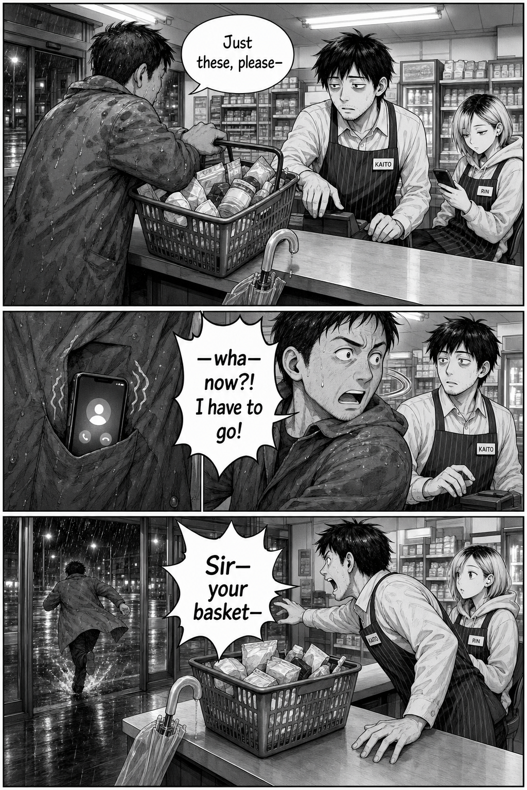 A rushed customer sets a full shopping basket on the counter, gets a phone call, and bolts out into the rain, leaving the basket and a clear umbrella behind as Kaito reaches after him.