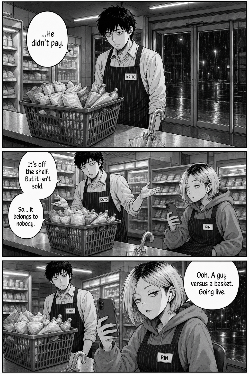 Kaito stares at the abandoned basket, realizing it is off the shelf but not paid for, while Rin raises her phone to start filming.