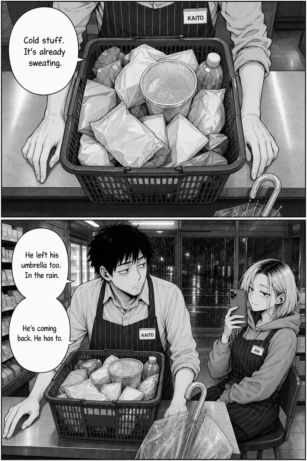 Overhead view into the full basket showing a sweating tub of cold food; Kaito notices the customer's abandoned umbrella and insists the man will return.
