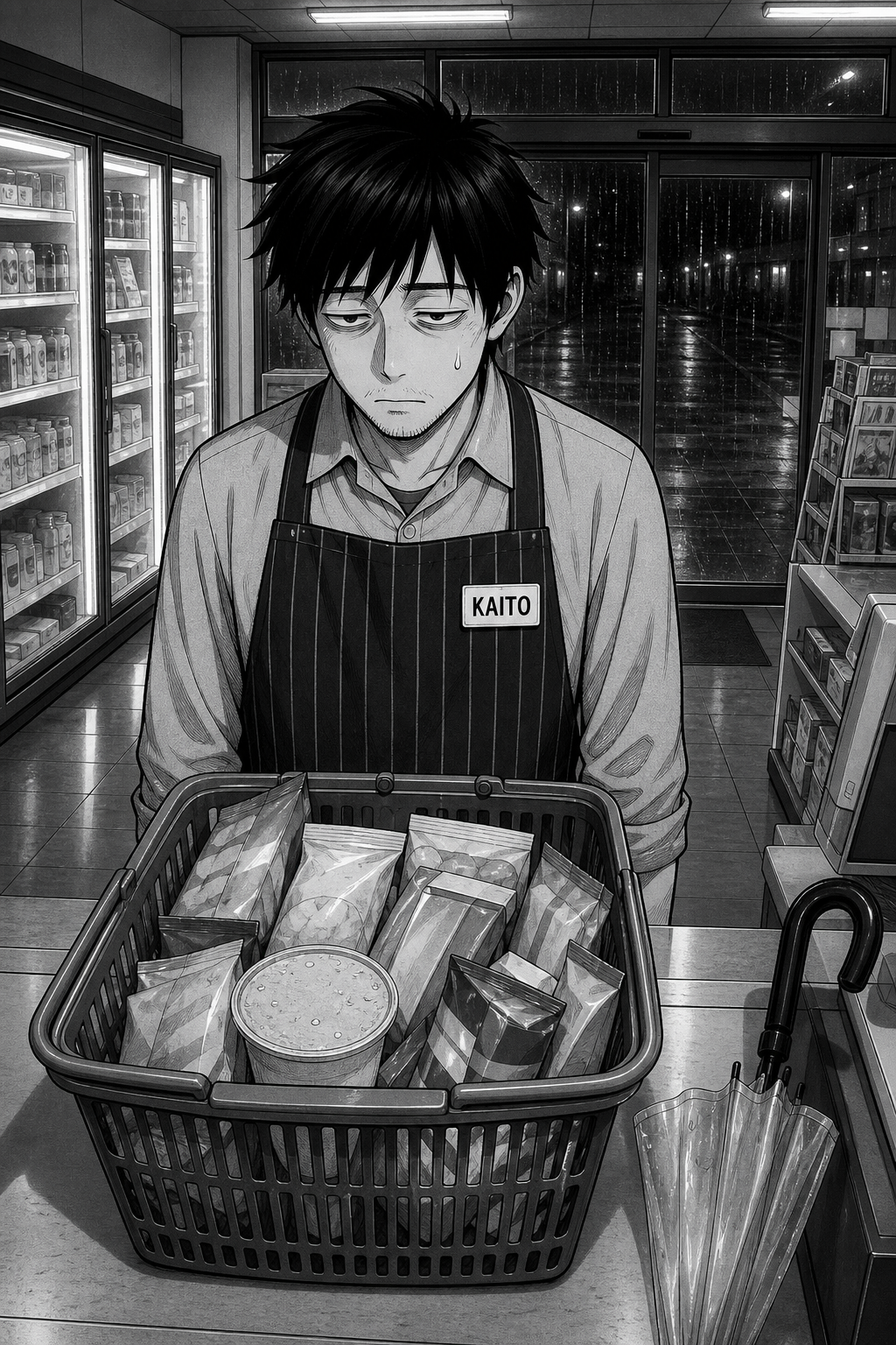 A silent panel: Kaito stands behind the counter staring down at the basket, a single bead of sweat on his temple.
