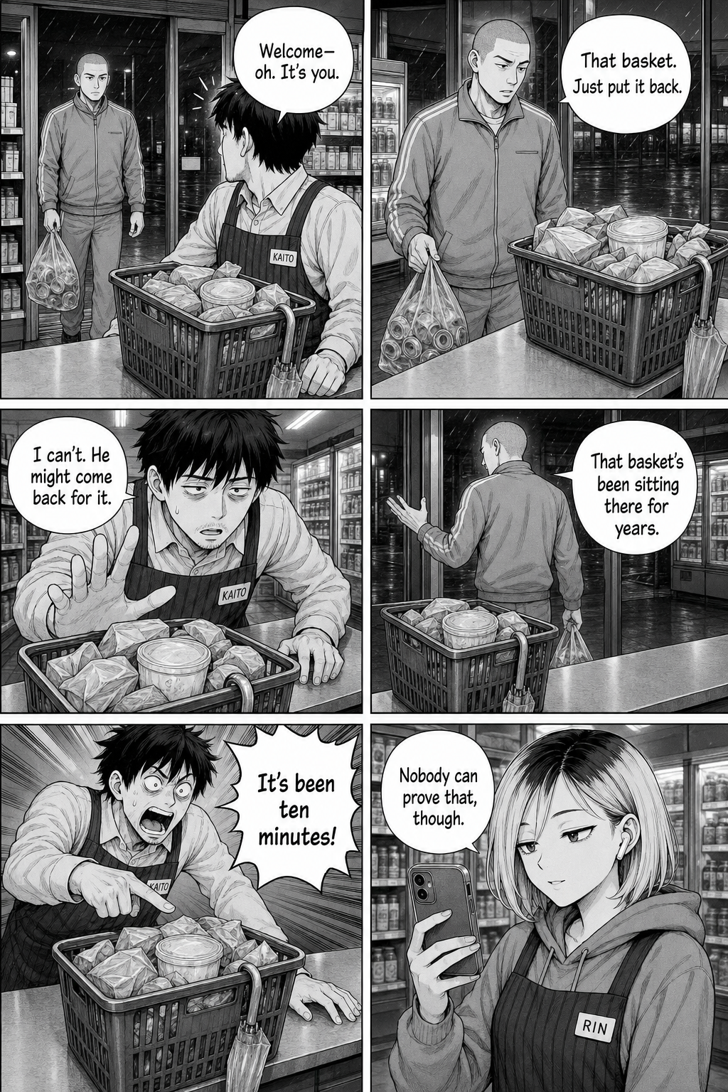 The tracksuit regular arrives, tells Kaito to just reshelve the basket and claims it's been there for years; Kaito protests it's been ten minutes.