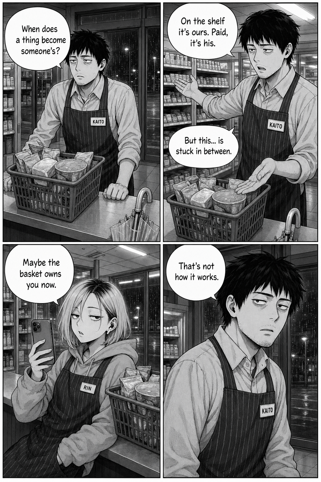 Kaito spirals over when a thing becomes someone's property; Rin offers the theory that the basket owns him now.