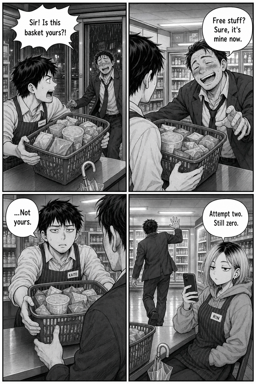 The sliding doors open on a drunk salaryman; Kaito hopefully offers the basket, the man tries to claim it for free, and Kaito yanks it back.