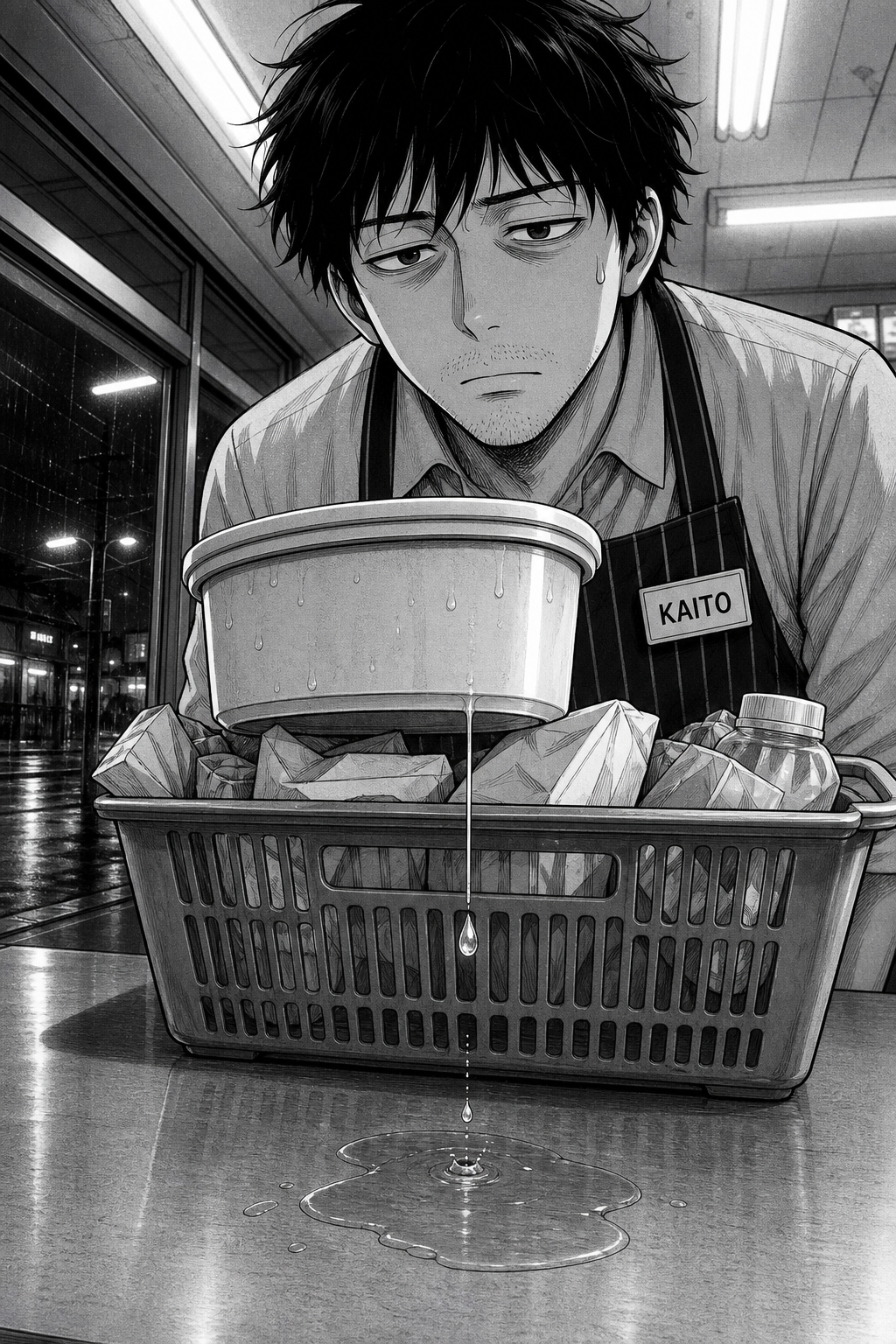 Close-up silent beat: the sweating tub on the basket drips a single drop into a small puddle on the counter as Kaito watches.