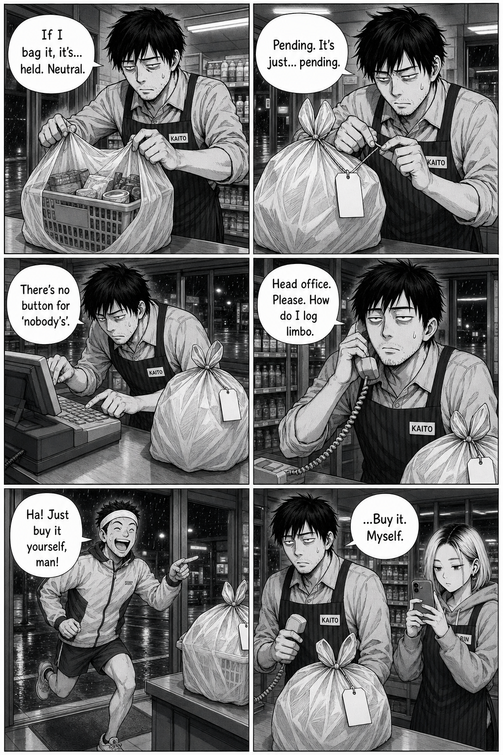 Kaito bags the basket, ties a blank tag to it, tries to log it in the register and on the phone to head office; a cheerful jogger suggests he just buy it himself.