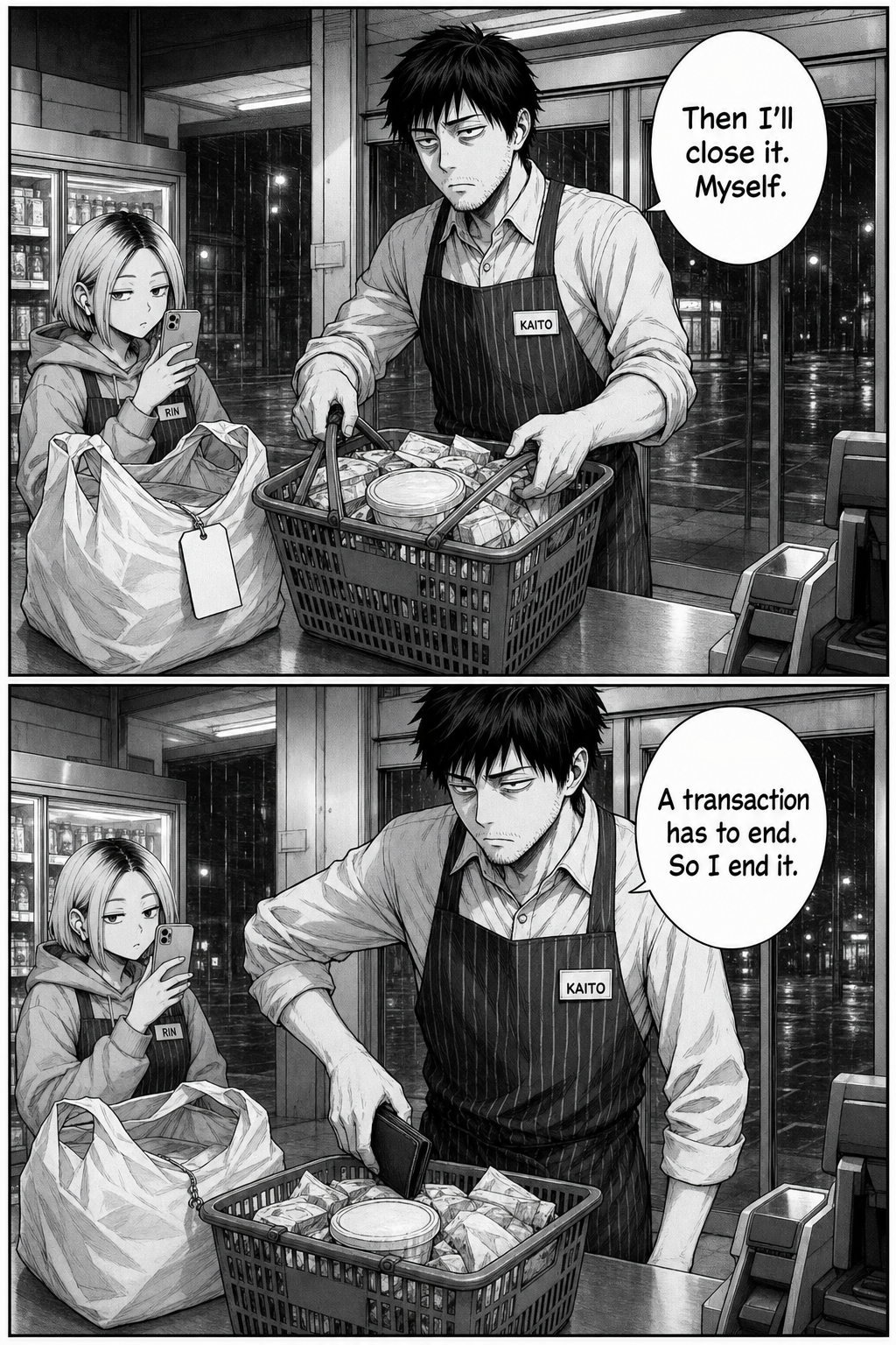 Kaito's resolve hardens: he pulls the basket back out of the bag and reaches for his own wallet, deciding to buy it himself.