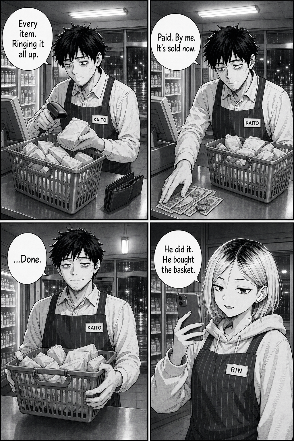 Kaito scans every item, pays with his own cash, and lifts the now-sold basket with a rare serene almost-smile; Rin notes he actually bought it.