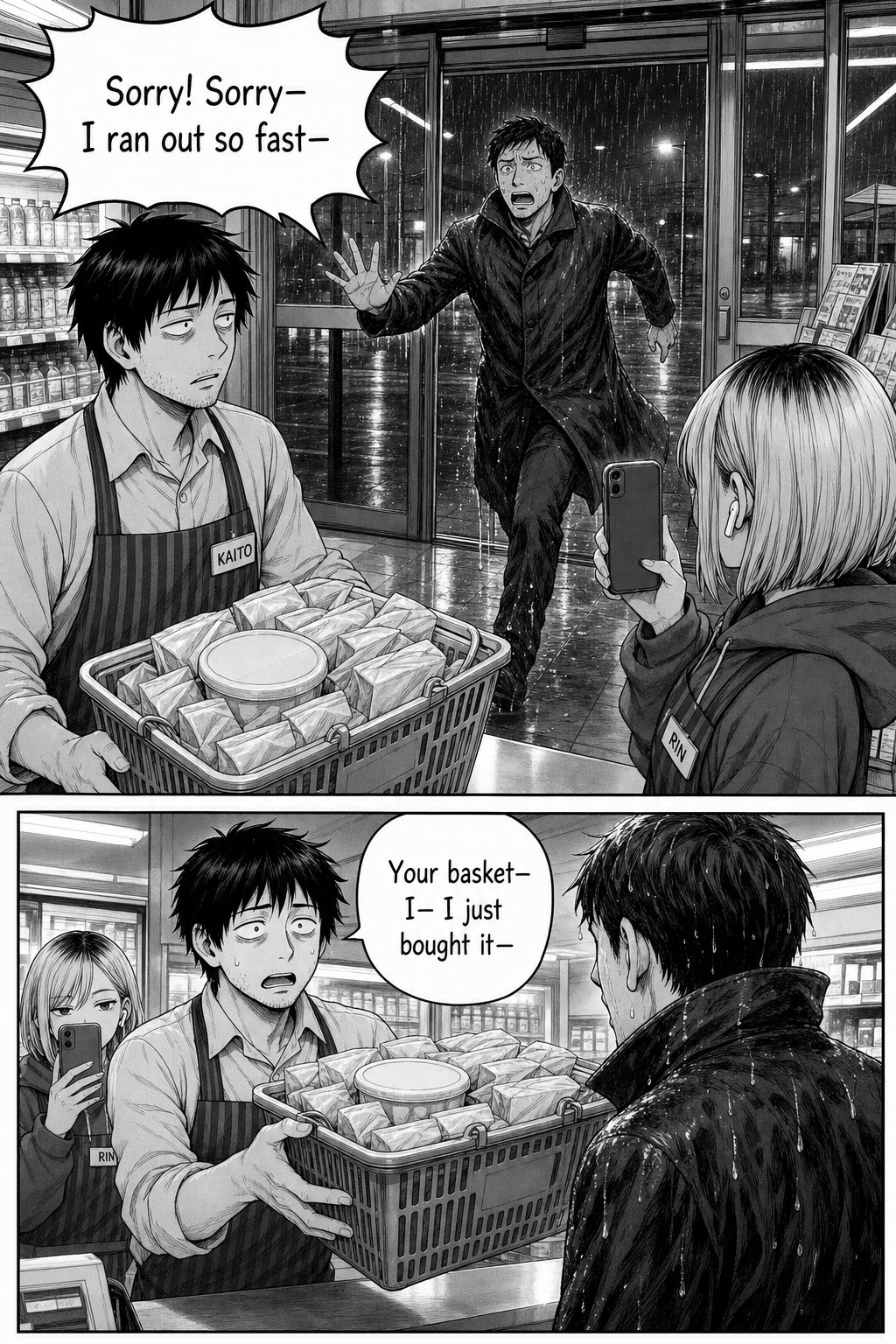 The instant Kaito pays, the original customer rushes back in out of the rain; Kaito holds up the basket, saying he just bought it.