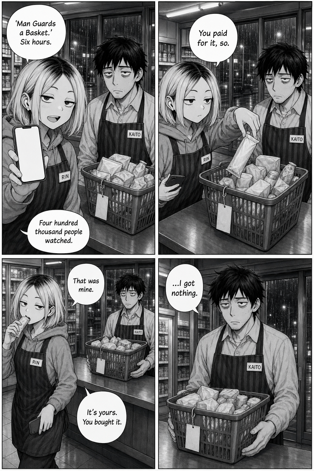 Rin shows Kaito her viral stream's numbers, takes the best snack out of the basket he bought, and eats it; Kaito is left with nothing.