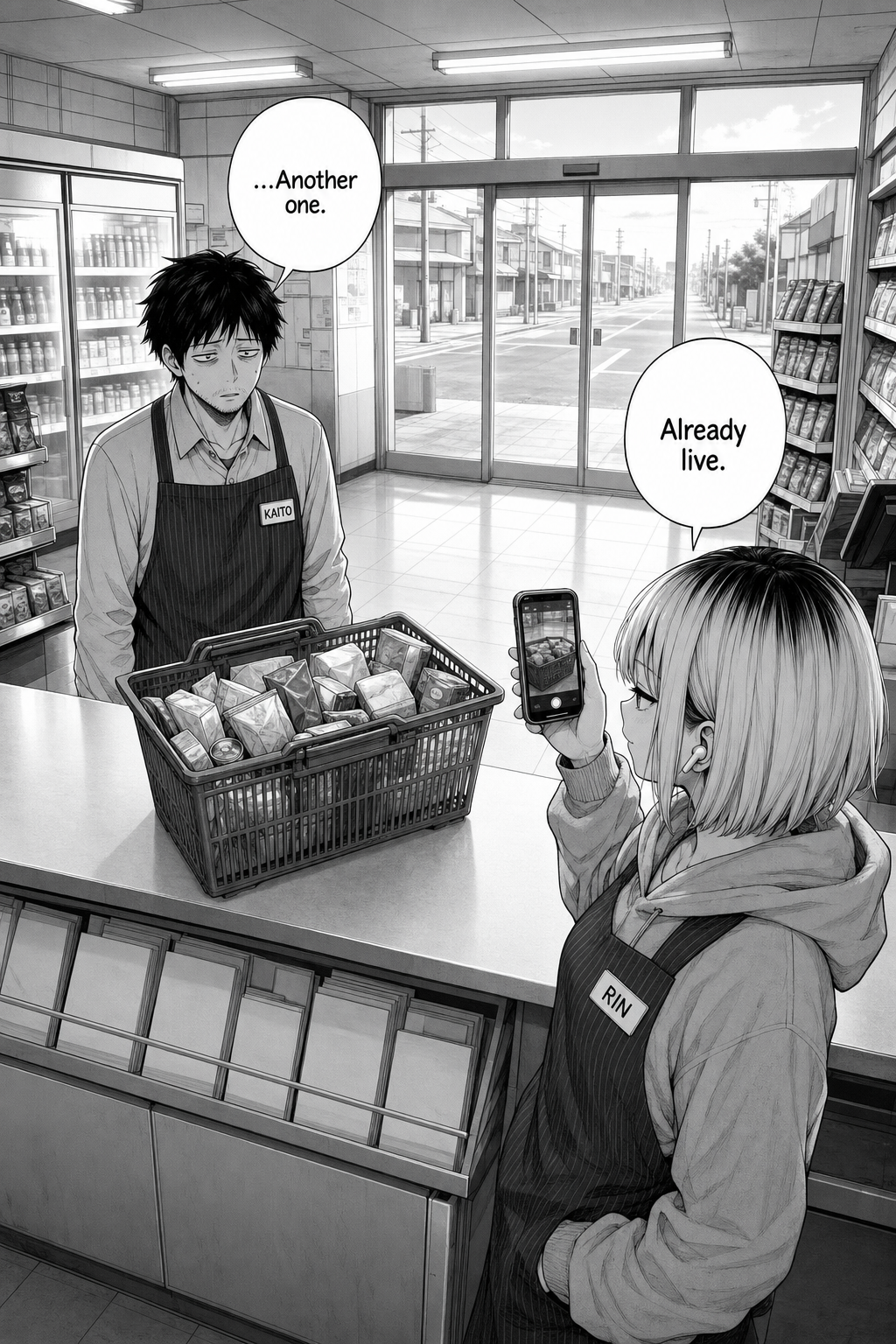 Dawn floods the spotless store, mirroring the opening; a new abandoned basket already sits on the bare counter as Rin raises her phone to film it.