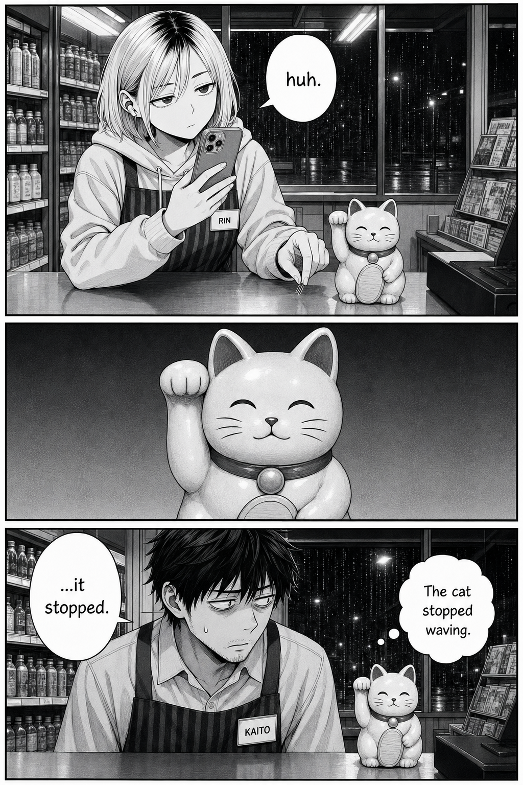 Close-ups of the lucky cat's paw stopping mid-wave while Rin lowers her hand from it; Kaito notices with dread.