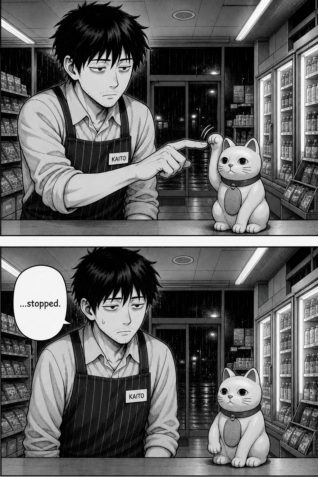 Kaito flicks the lucky cat's raised paw; it swings up then hangs dead as he stares, deadpan.